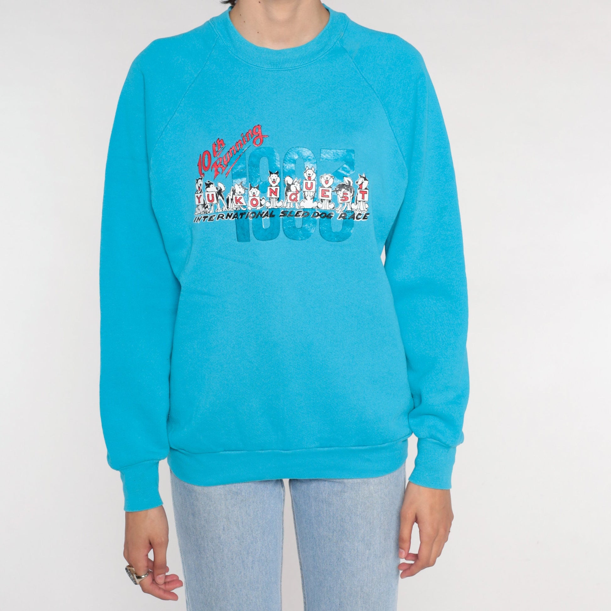 1993 Yukon Quest Dogsled Race Sweatshirt Blue Raglan Graphic Medium