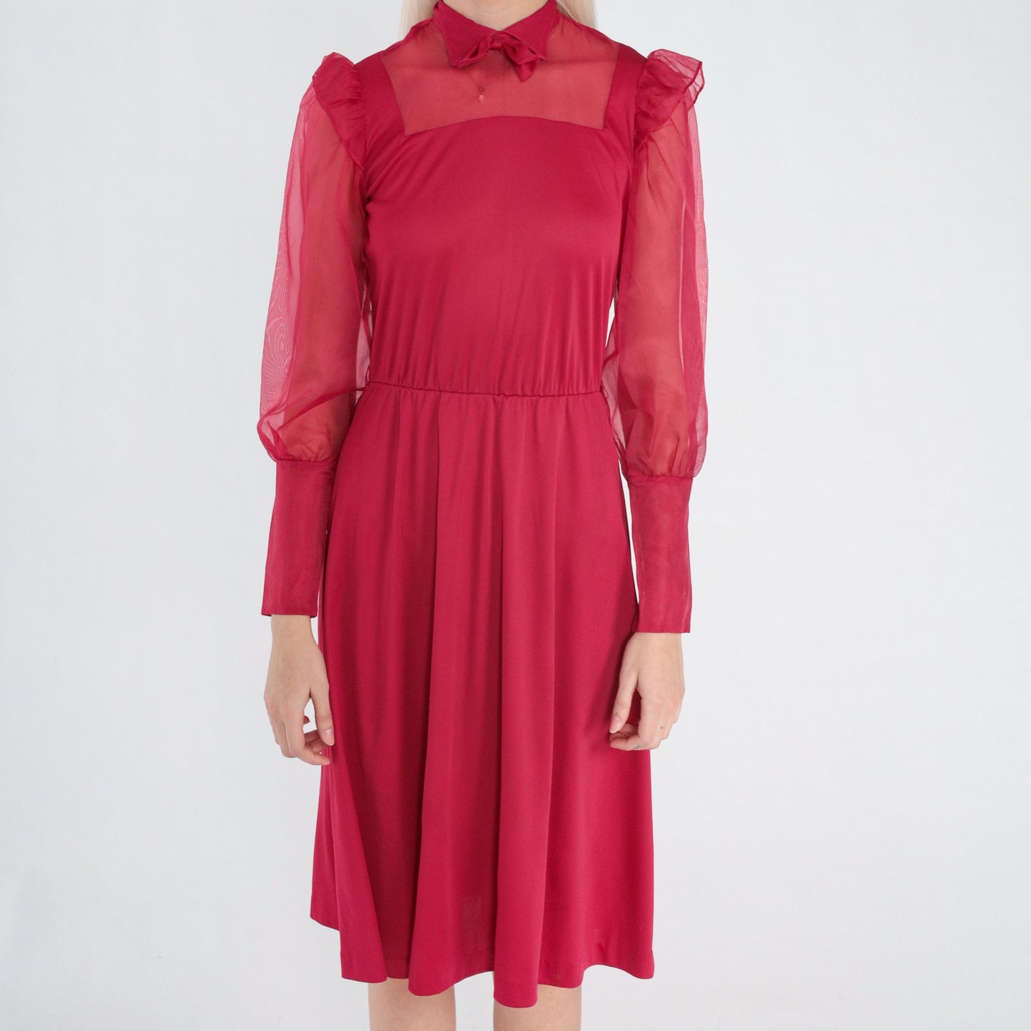 70s Raspberry Red Midi Dress Collared Bow Tie Ruffled Sheer Sleeve Extra Small