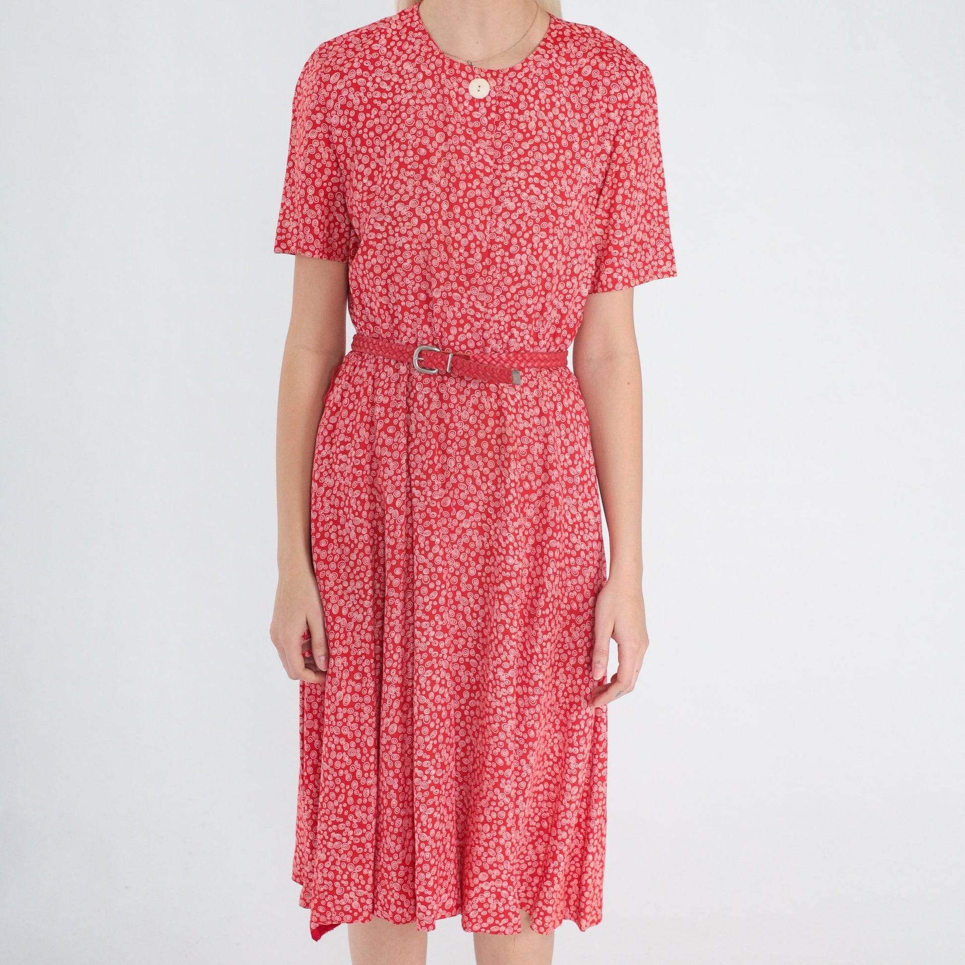 90s Talbots Red Swirl Print Midi Dress Button-Up High Waist Short Sleeve XS