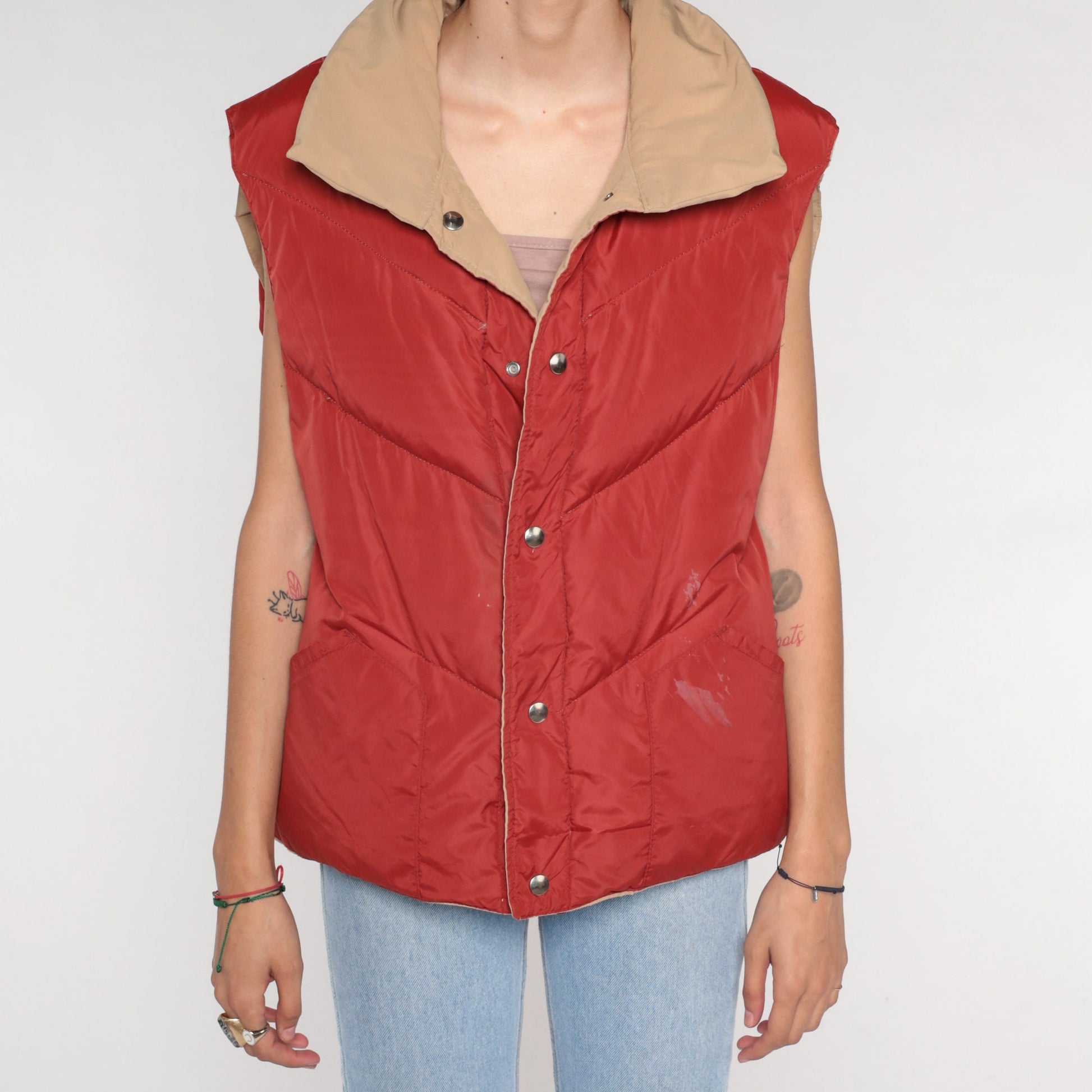 70s Reversible Puffer Vest Rust Brown Tan Down Nylon Snap Front Medium