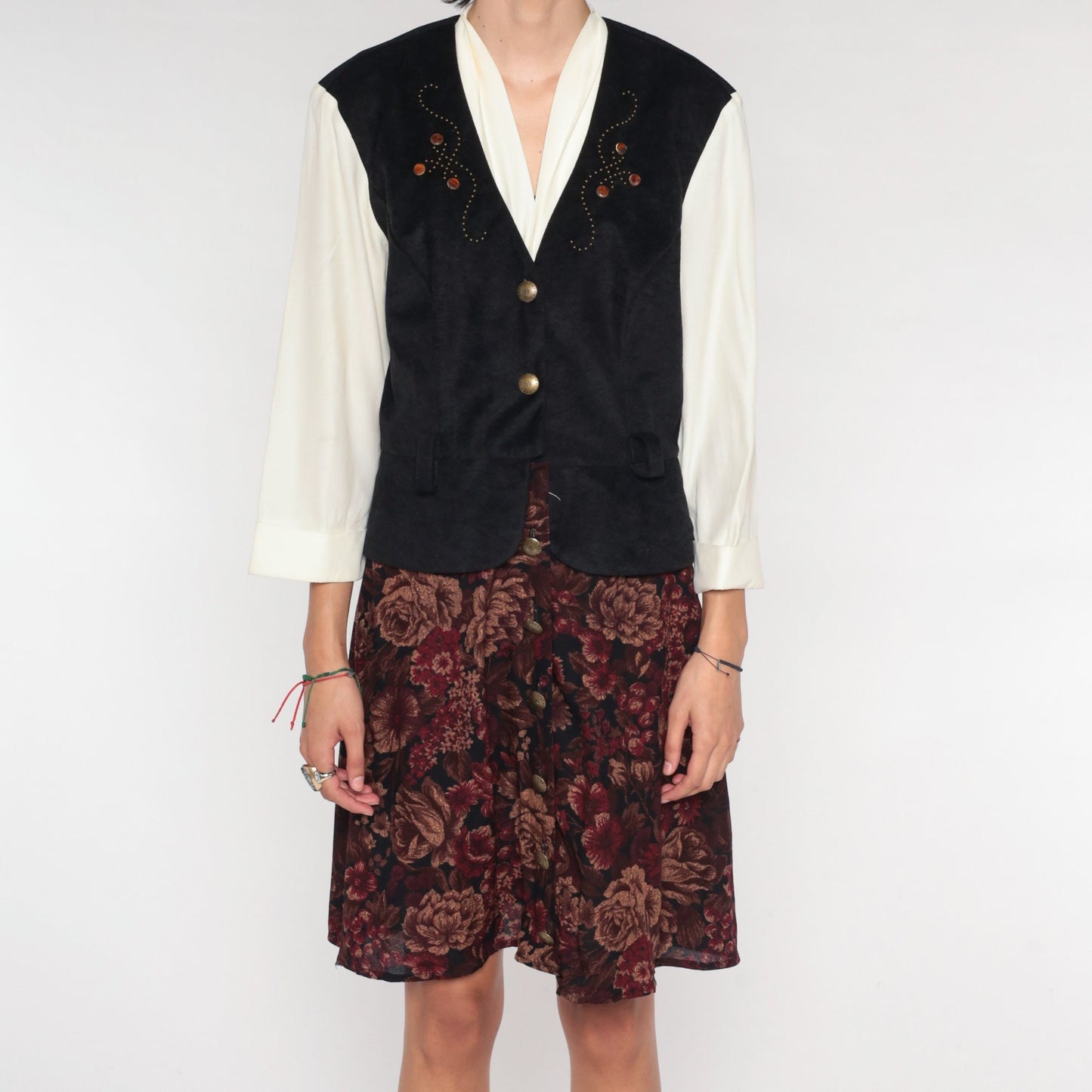 90s Layered Vest Dress White Floral Mini Button-Up Black Long Sleeve Medium
