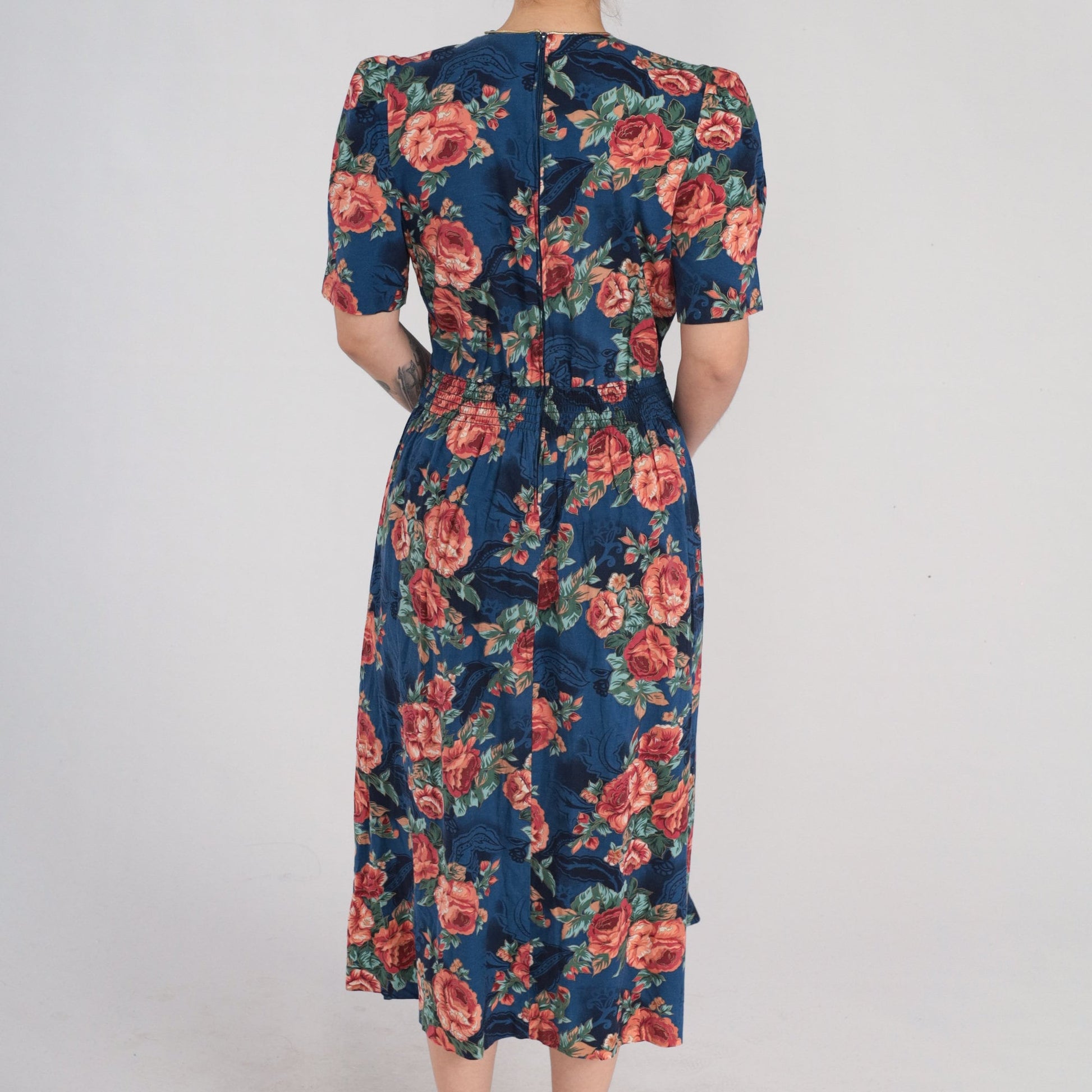 90s Navy Floral Midi Dress Puff Sleeve High Basque Waist Rose Print Medium M