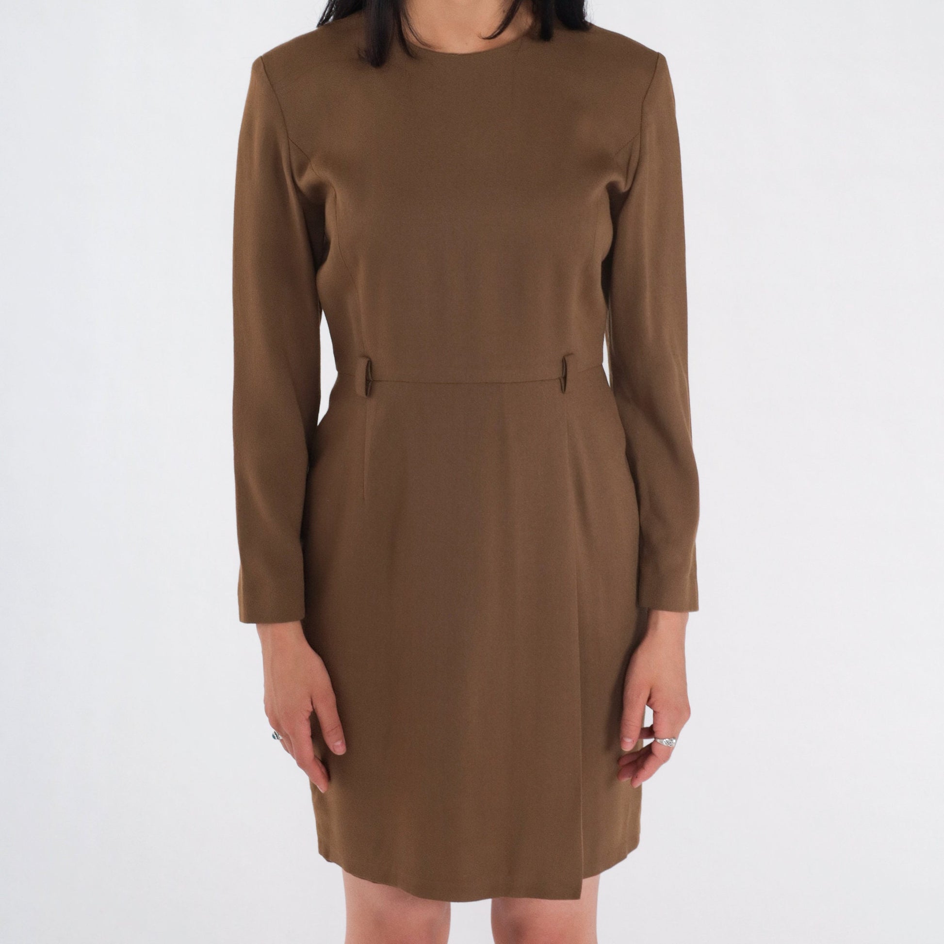 90s Petite Sophisticate Brown Wool Blend Mini Sheath Dress Long Sleeve Extra Small XS