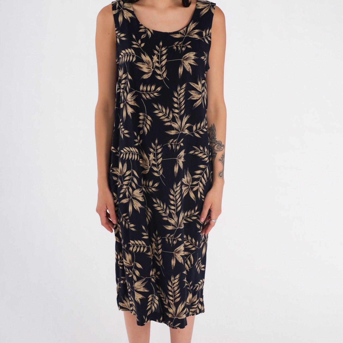90s Black Leaf Vine Print Sleeveless Dress Knee Length Tank Medium M