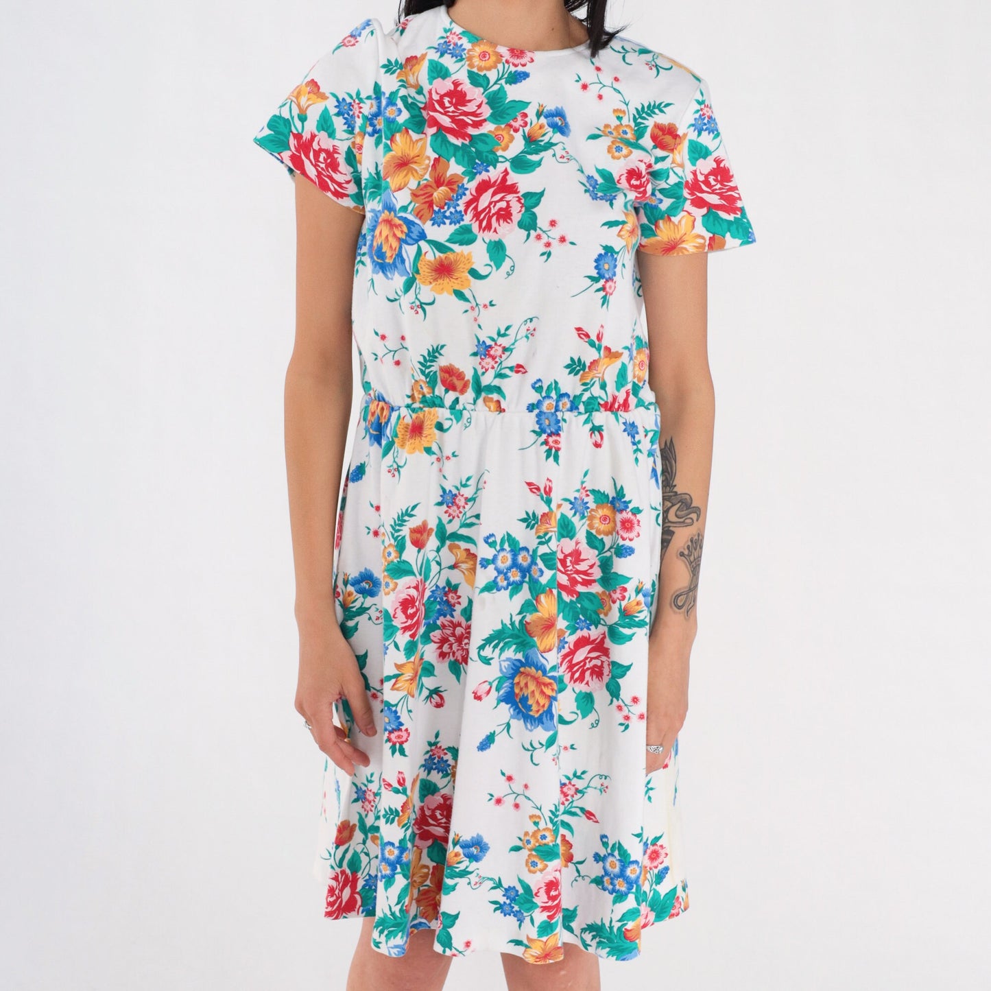 90s White Floral Rose Print Mini Dress High Waisted Short Sleeve Medium Large