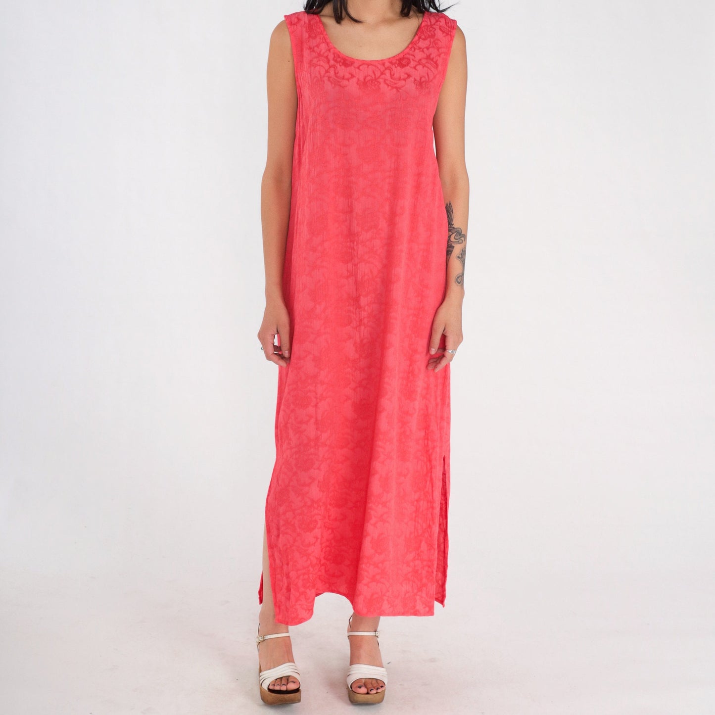 90s Pink Floral Embossed Maxi Dress Sleeveless Side Slit Shift Large 12