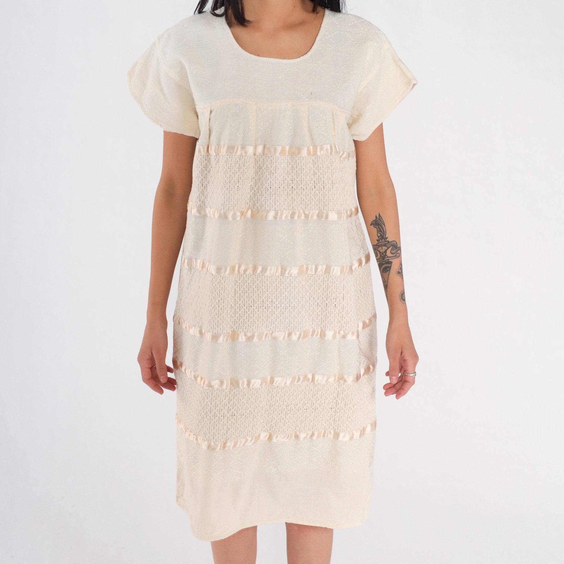 90s Cream Cotton Woven Midi Dress Cap Sleeve Tiered Medium Large