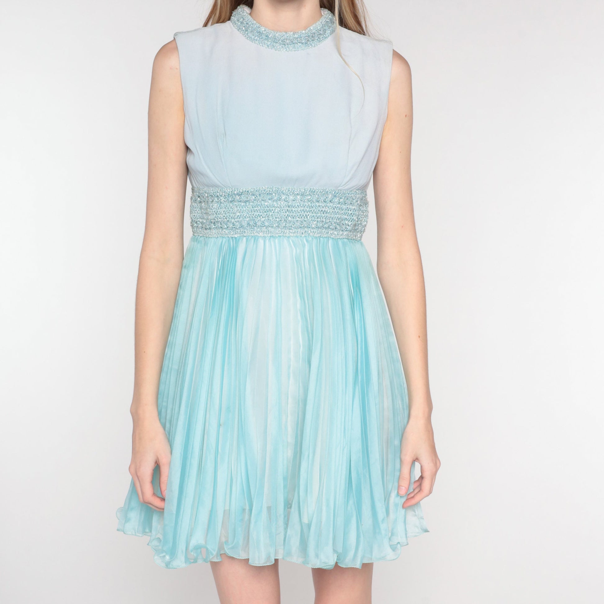 60s Blue Sparkly Empire Waist Mini Dress Sleeveless Pleated Cocktail Extra Small