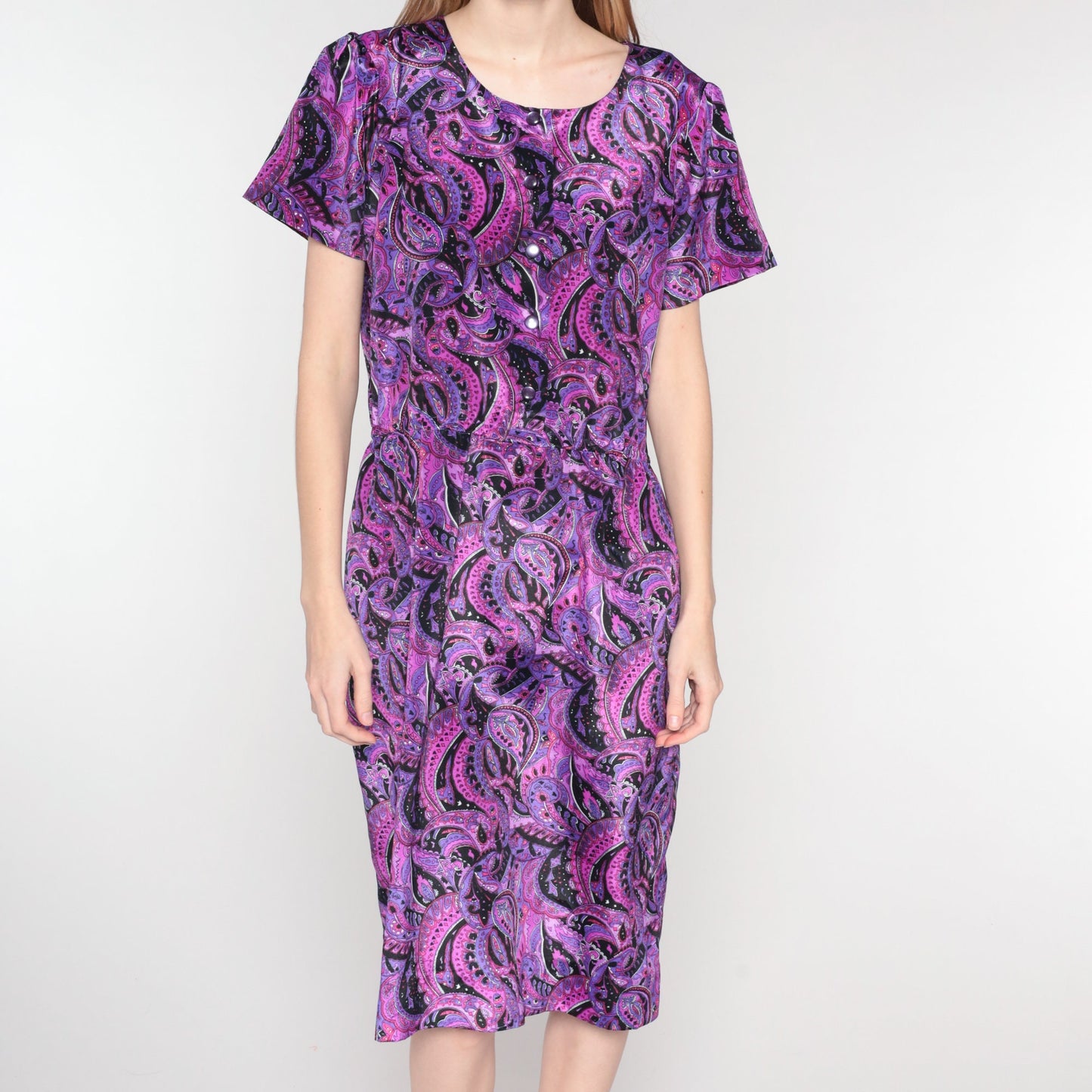 60s Paisley Shirtwaist Midi Dress Purple Pink Black Button-Up Medium Large
