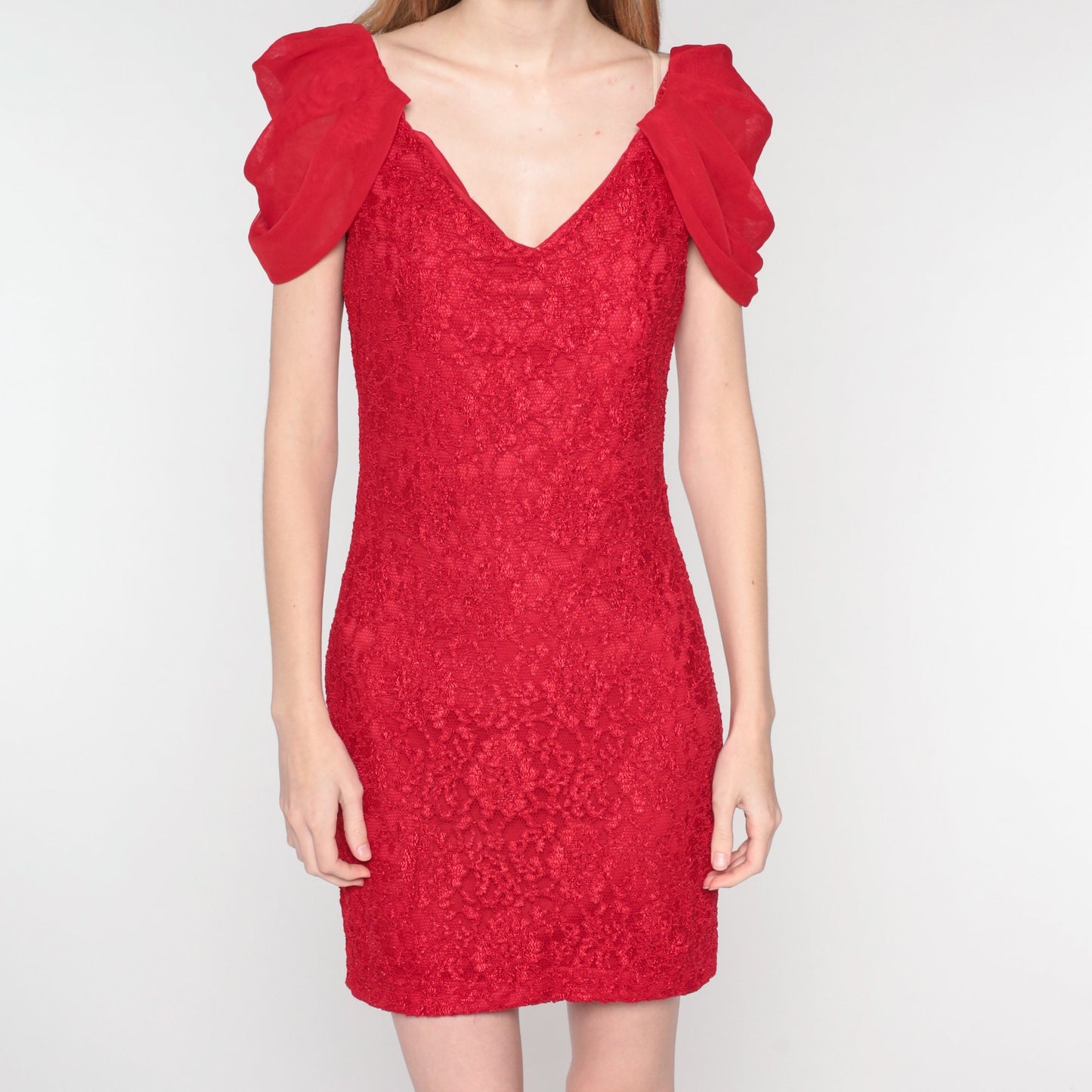 90s Red Lace Mini Dress Sheath Draped Sleeve Cocktail Extra Small
