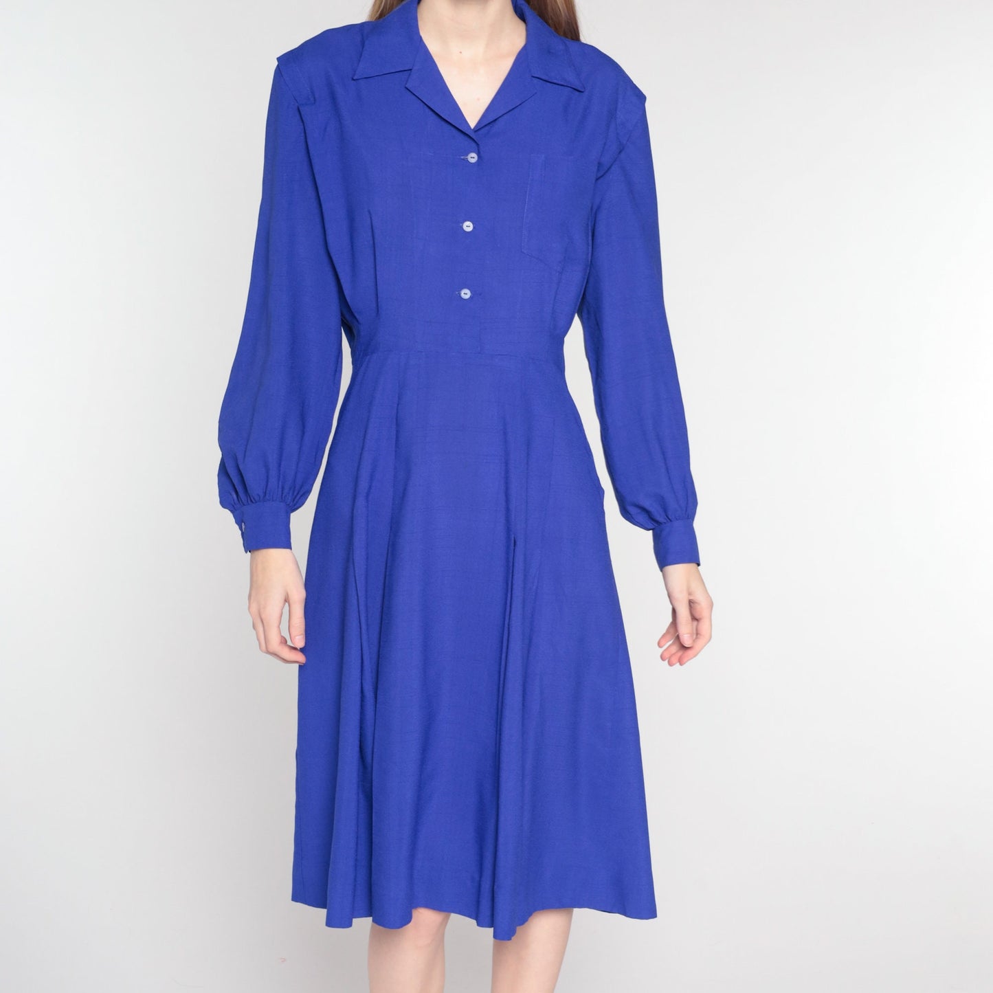 90s Deep Purple Button-Up Midi Dress High Waist Long Sleeve Medium M