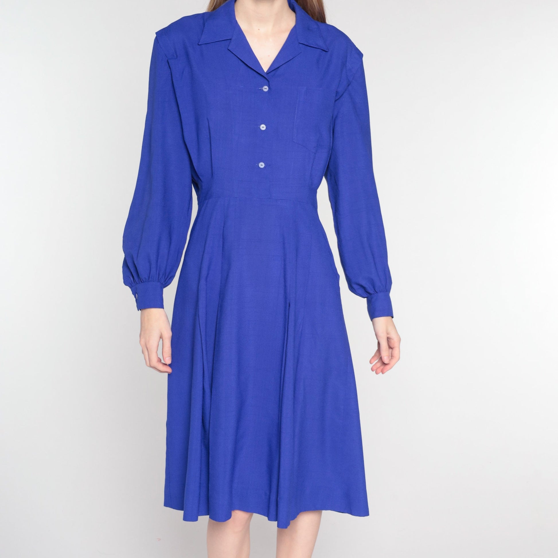 90s Deep Purple Button-Up Midi Dress High Waist Long Sleeve Medium M