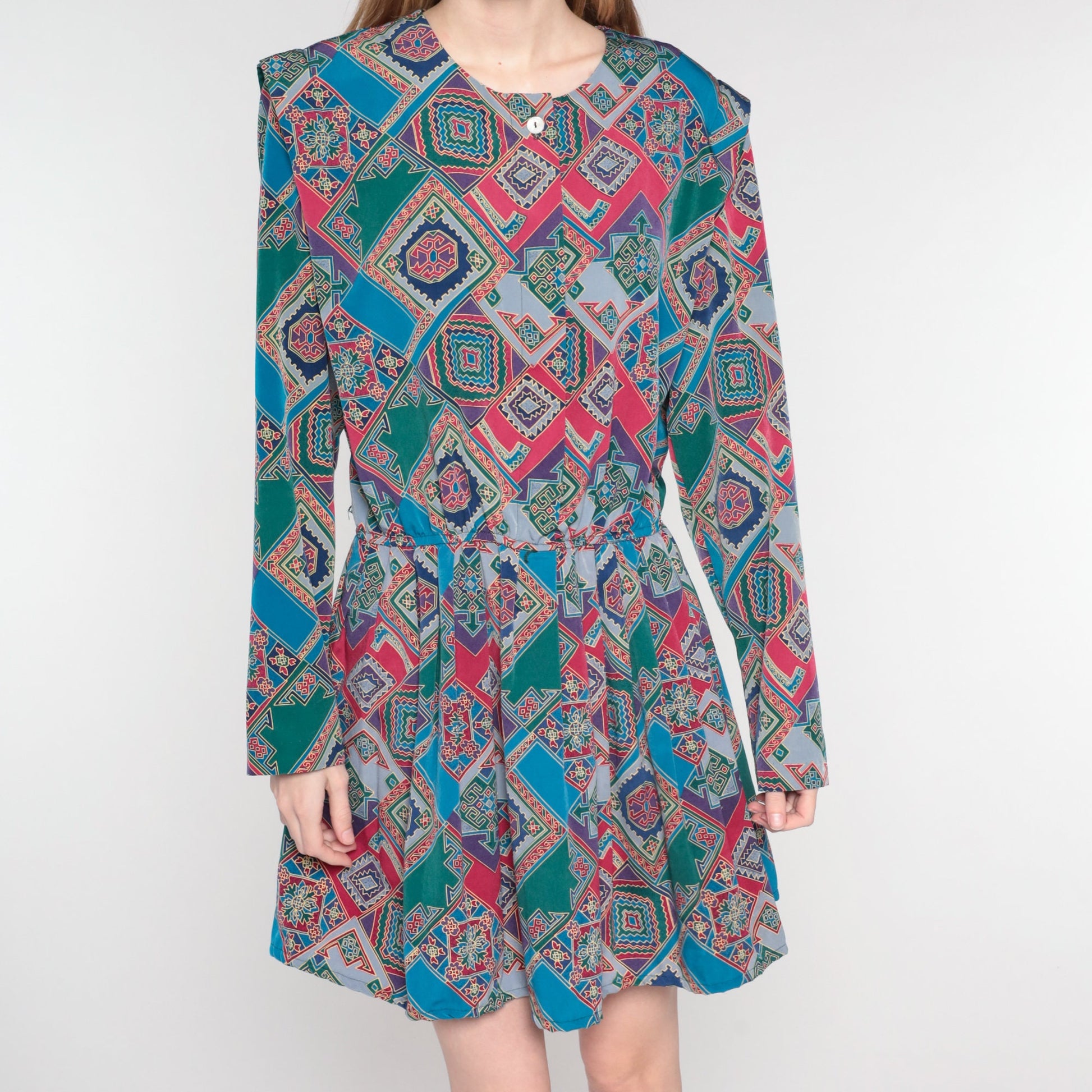 80s Leslie Fay Geometric Mini Dress Colorful Tile Print Long Sleeve Medium