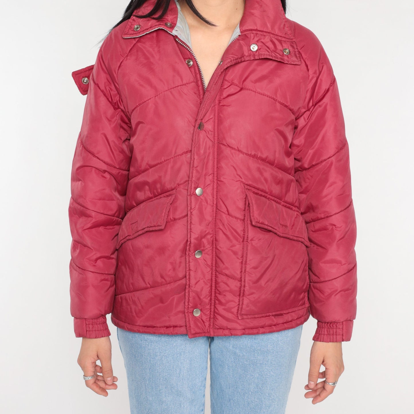 80s Red Puffer Ski Jacket Detachable Hood Nylon Puffy Coat Small
