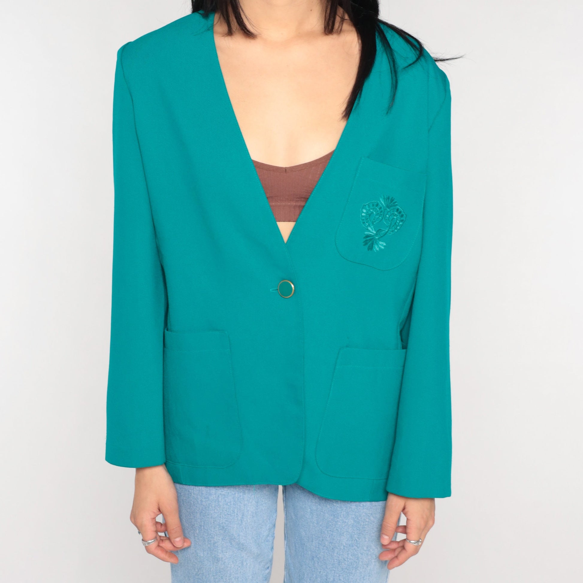 80s Teal Blazer Floral Embroidered Button-Up Jacket V-Neck Medium
