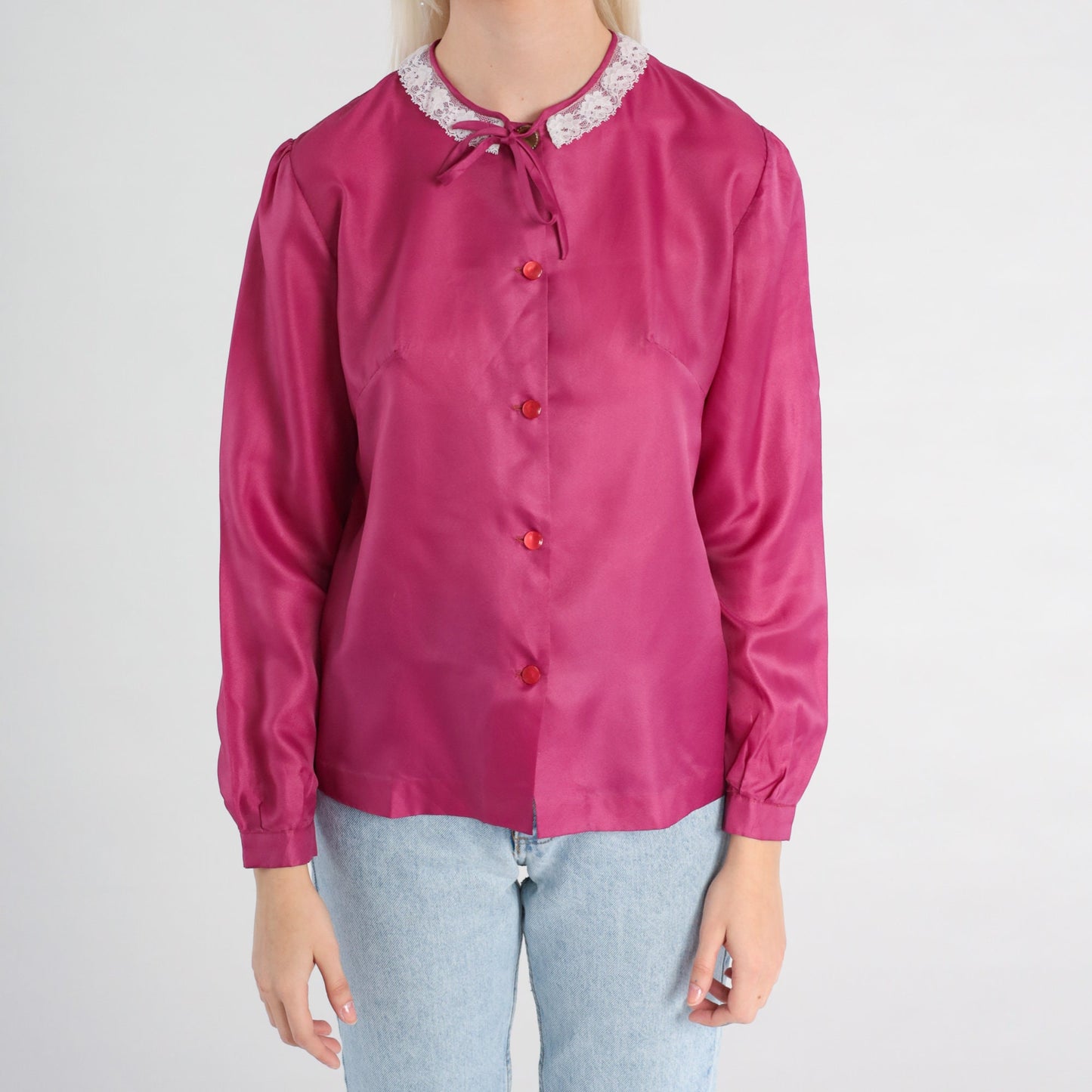 80s Raspberry Pink Puff Sleeve Button-Up Blouse Lace Collar Small
