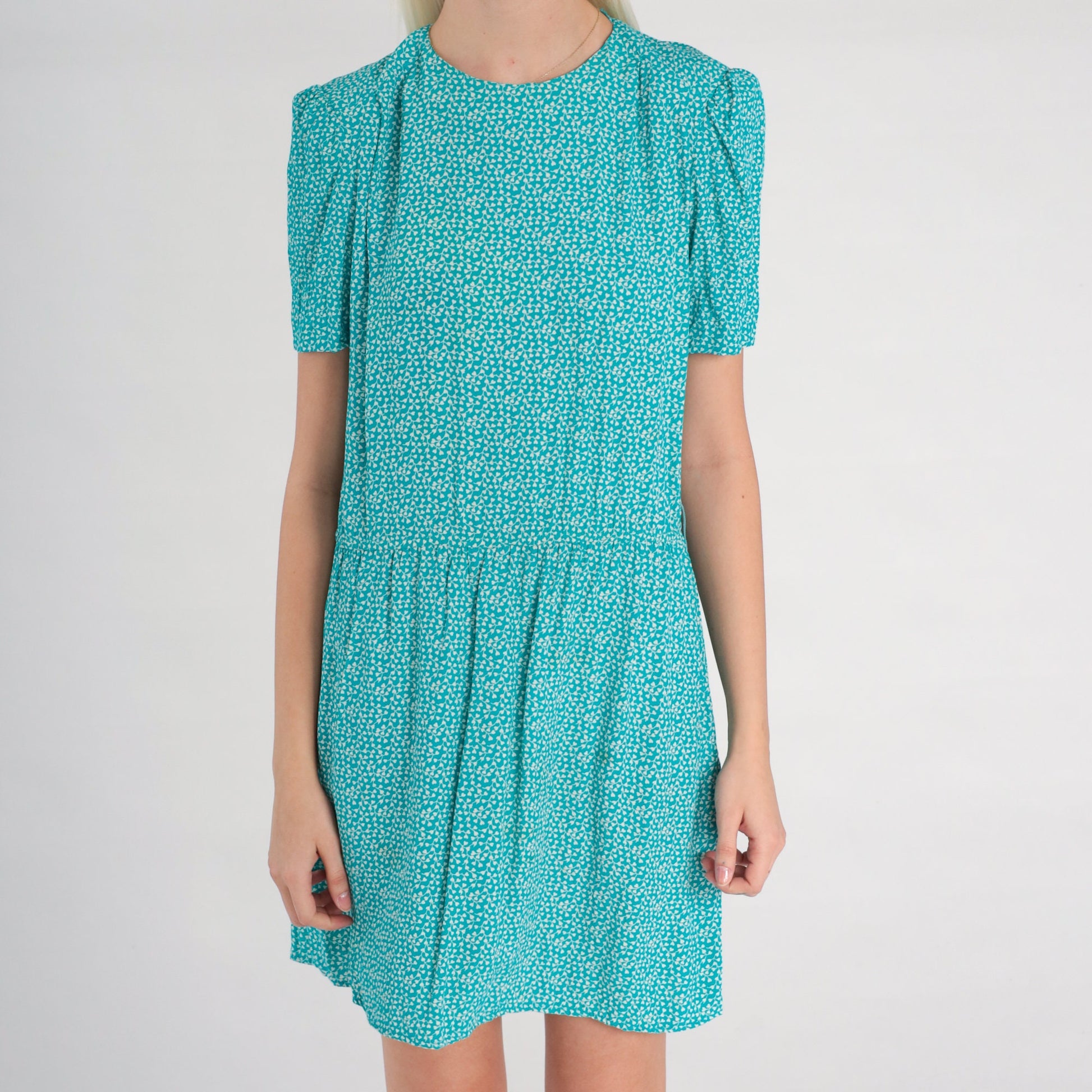 90s Karin Stevens Floral Mini Dress Blue Ditsy Calico Puff Sleeve Small