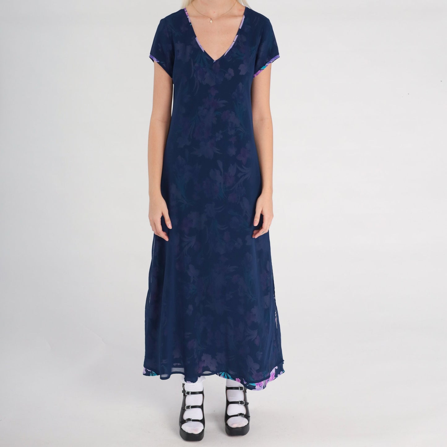 00s Floral Chiffon Maxi Dress Dark Blue V-Neck Botanical Print Small
