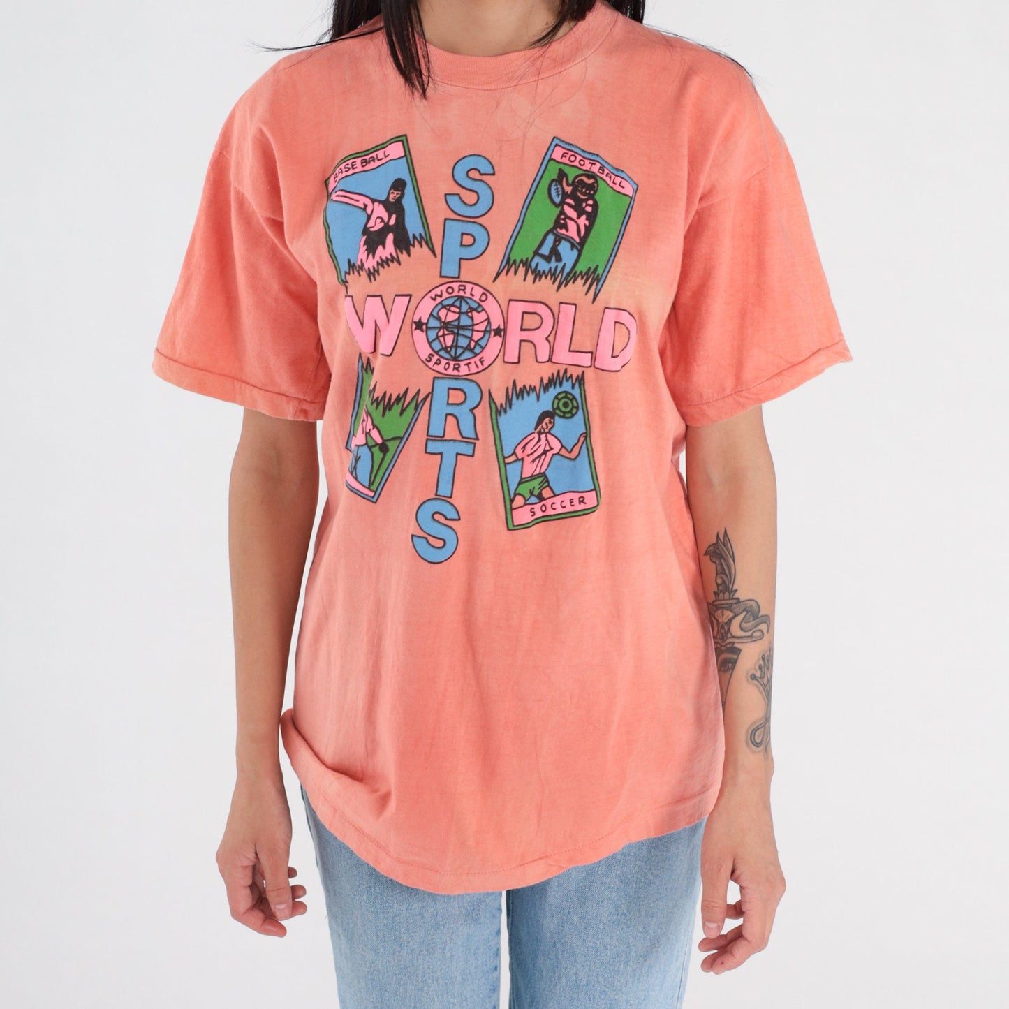 90s World Sportif French Graphic T-Shirt Peach Cotton Single Stitch Medium