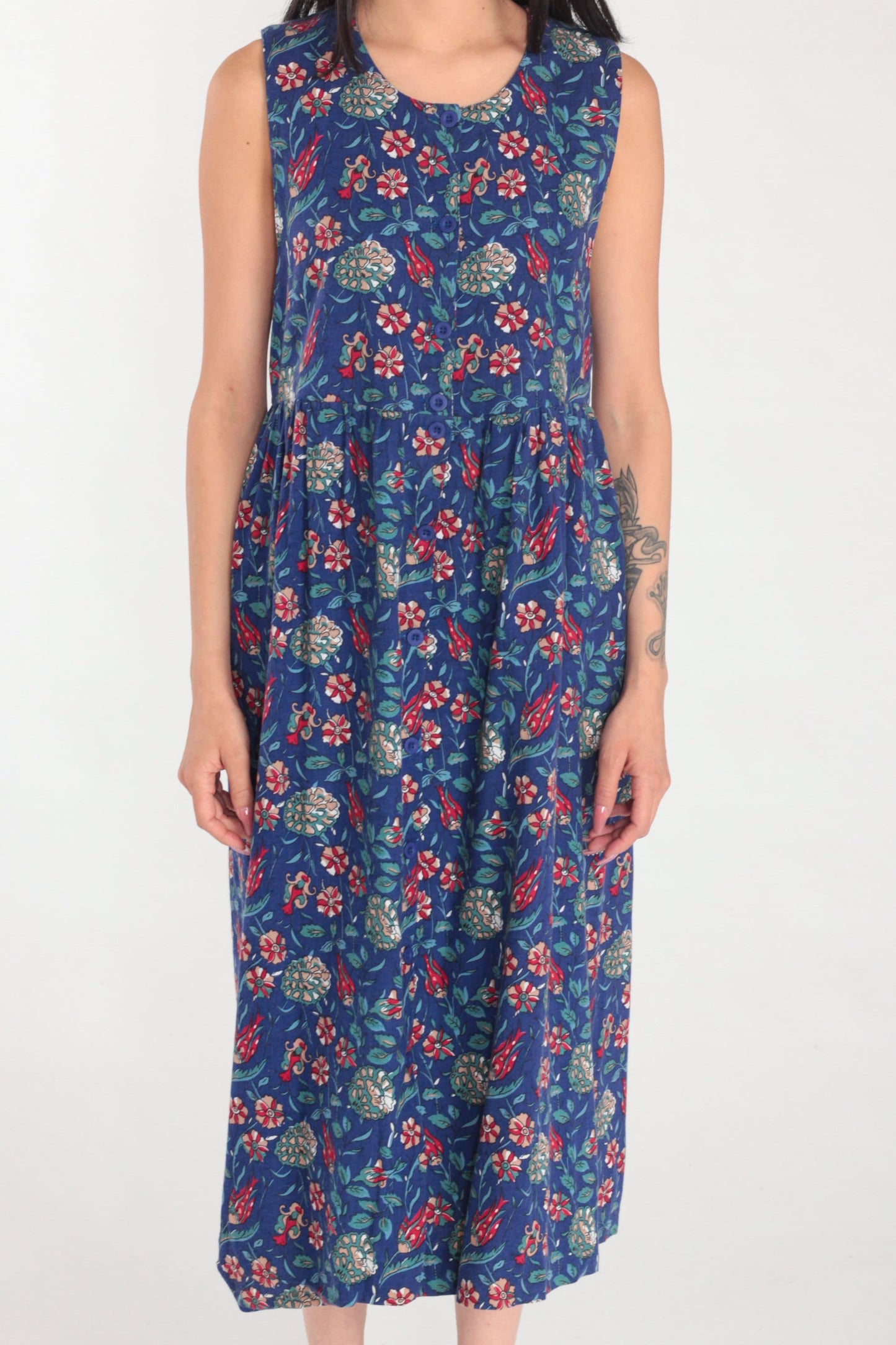 90s Laura Ashley Blue Floral Midi Dress Cotton Wool Blend Sleeveless Small S