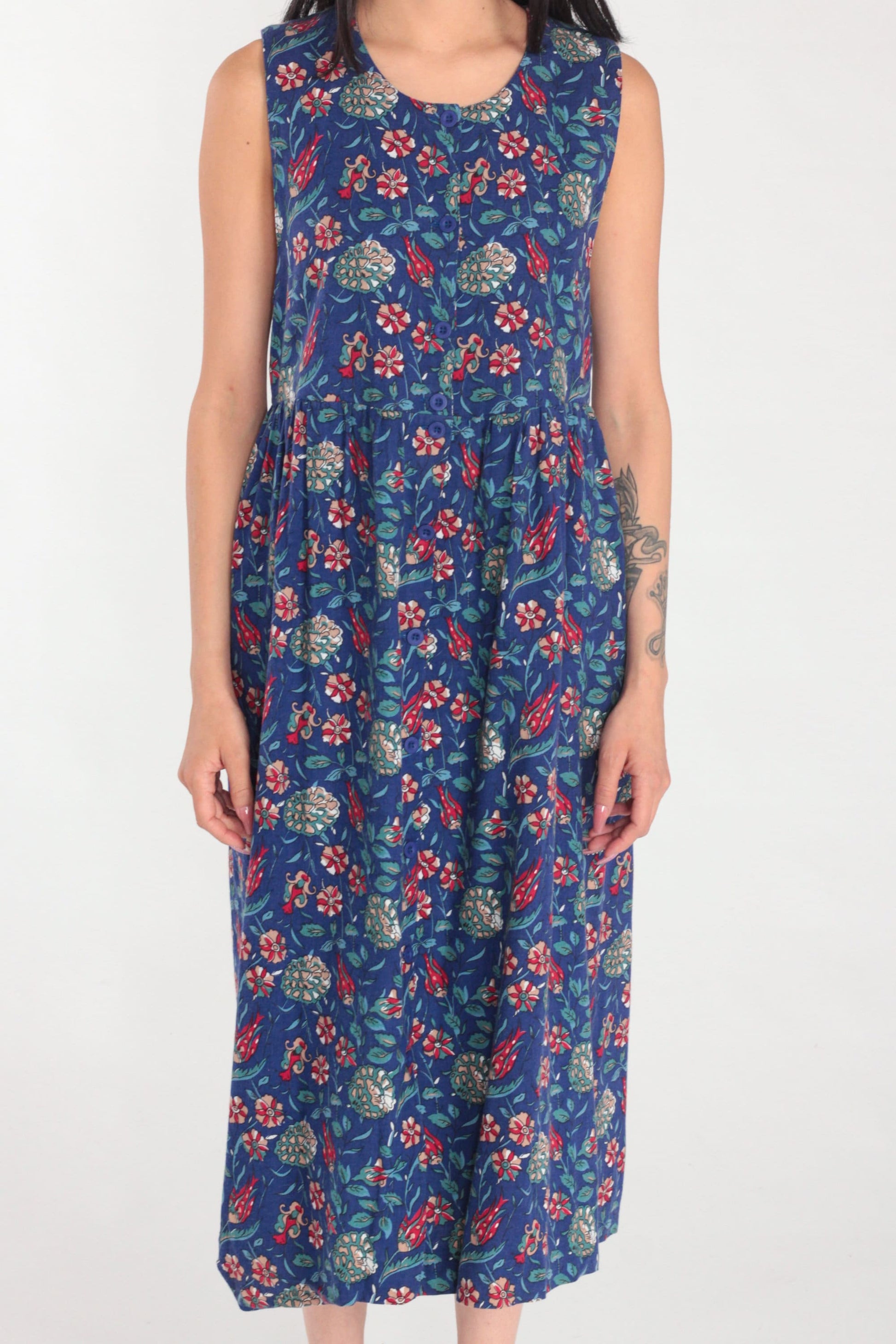 90s Laura Ashley Blue Floral Midi Dress Cotton Wool Blend Sleeveless Small S