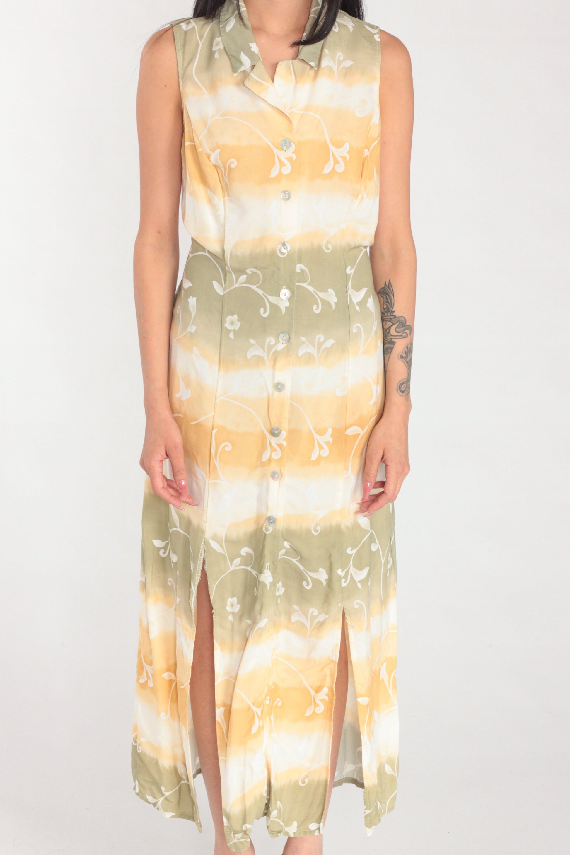 Y2K Tie-Dye Floral Maxi Shirtdress Sleeveless Button-Up Front Slit White Orange Green Medium