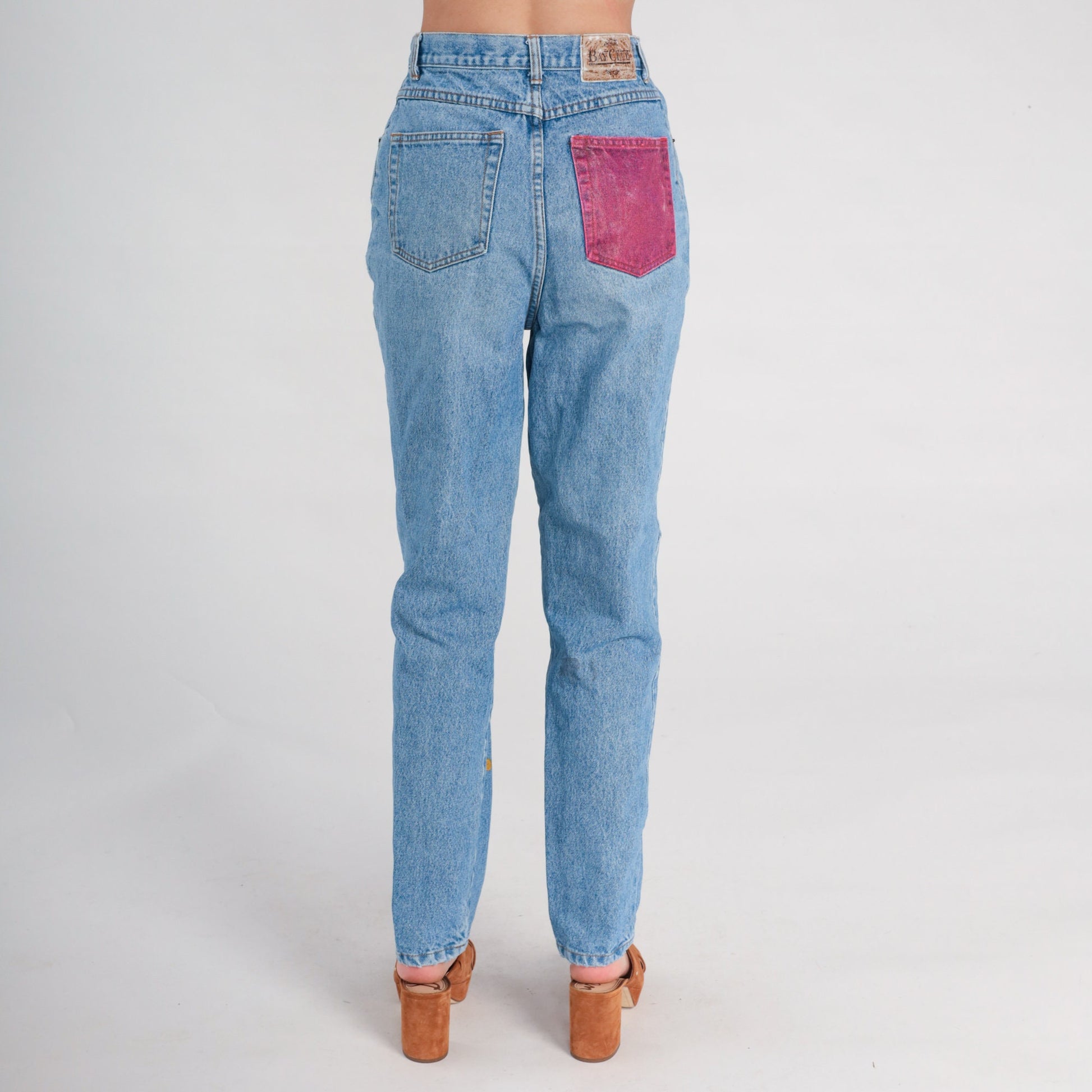 90s Pac-Man Hand Painted High Waist Tapered Jeans Blue Denim Small