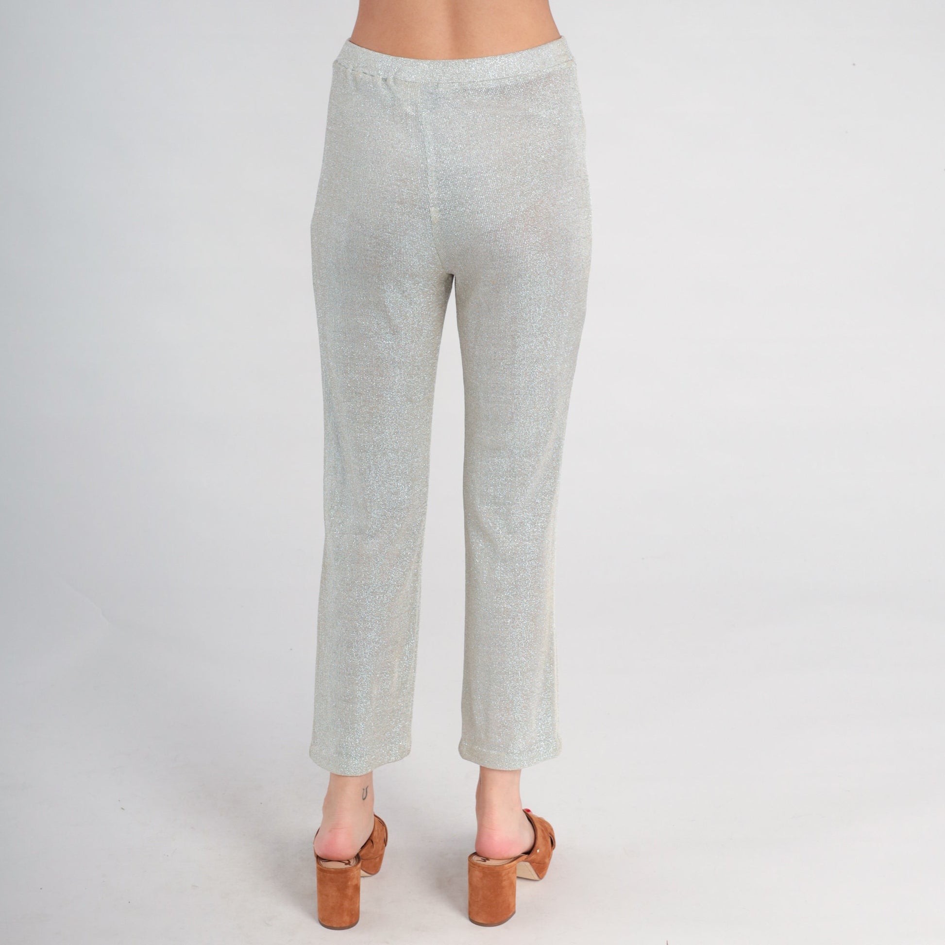 90s Metallic Silver Lurex Skinny Pants High Waist Elastic Medium