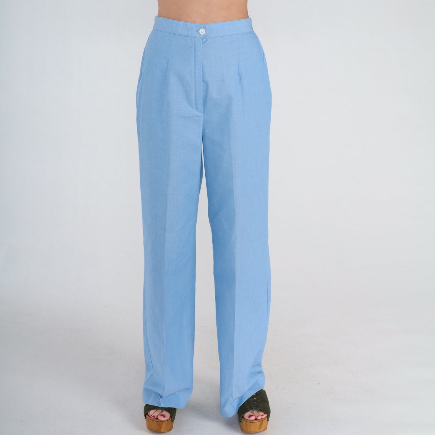 70s Blue High-Waisted Straight Leg Trousers Pleated Crease Small