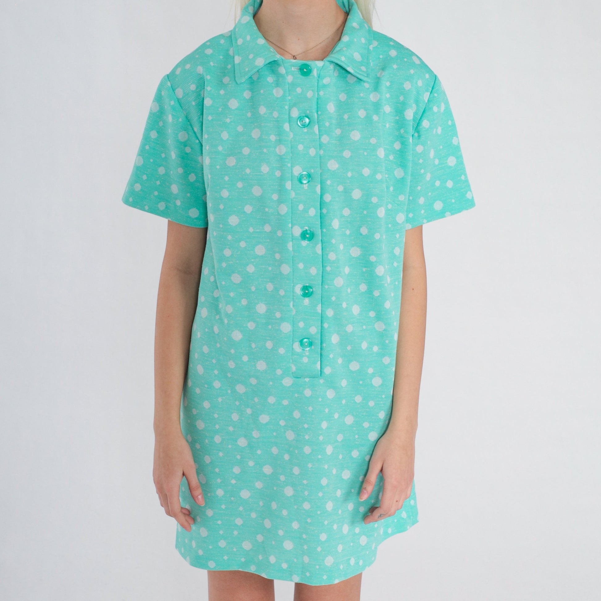 70s Blue-Green Polka Dot Shift Dress Collared Mini Short Sleeve Large L