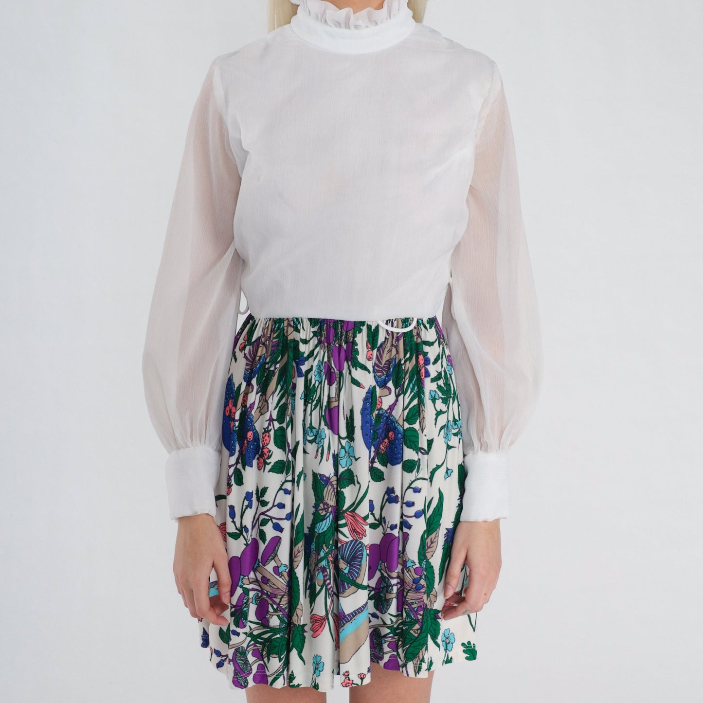 70s Mushroom Print Mini Dress White High Ruffle Neck Sheer Sleeves Small