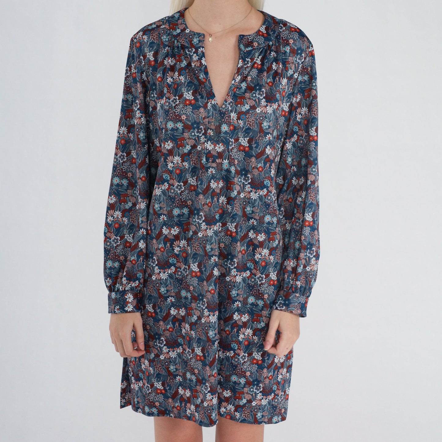 70s Navy Floral Mini Shift Dress Long Sleeve V Neck Medium M