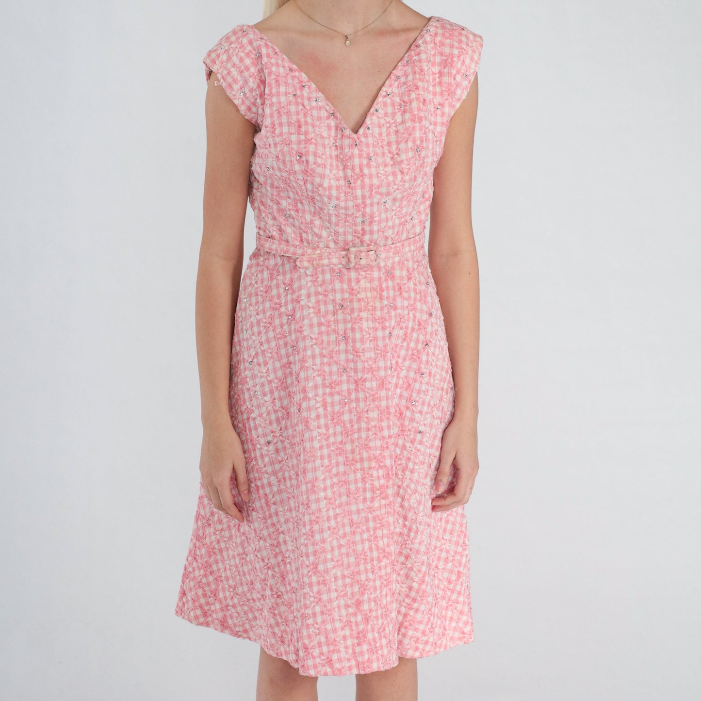 1950s Pink Gingham Mini Dress Rhinestone Cap Sleeve V Neck High Waist Small