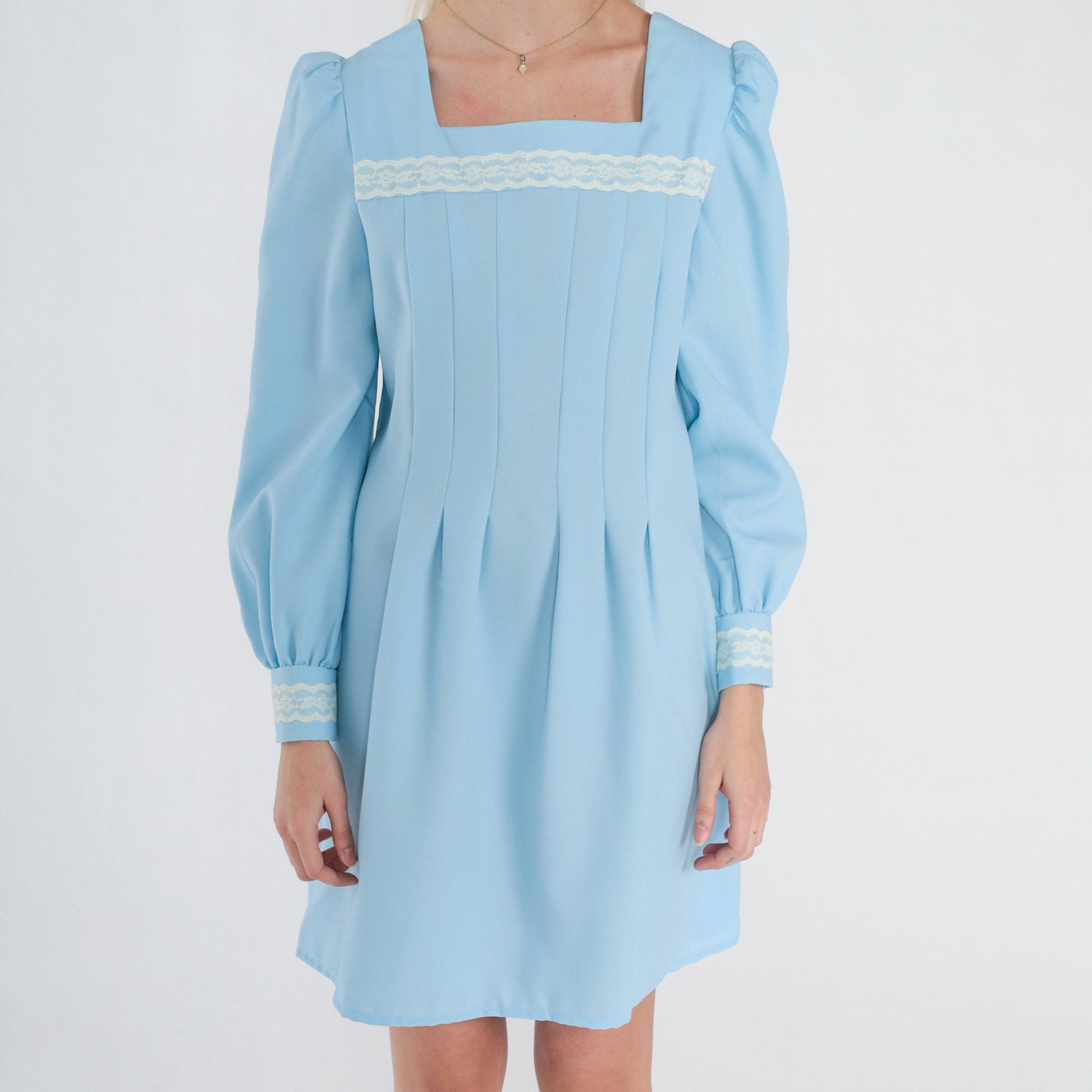 70s Blue Mini Dress Puff Sleeve Pleated Lace Trim Small