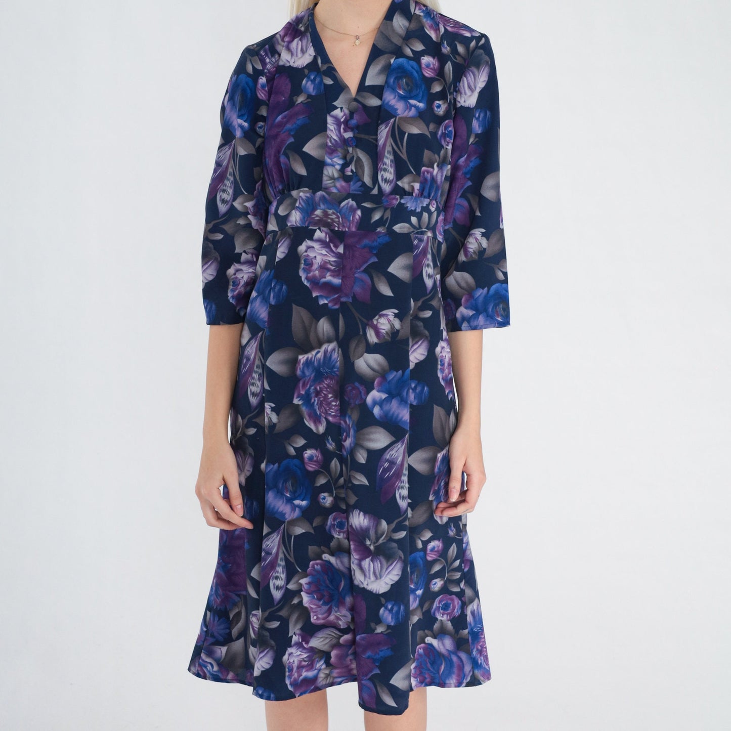 70s Purple Rose Floral Midi Dress Empire Waist V-Neck Button Front Small