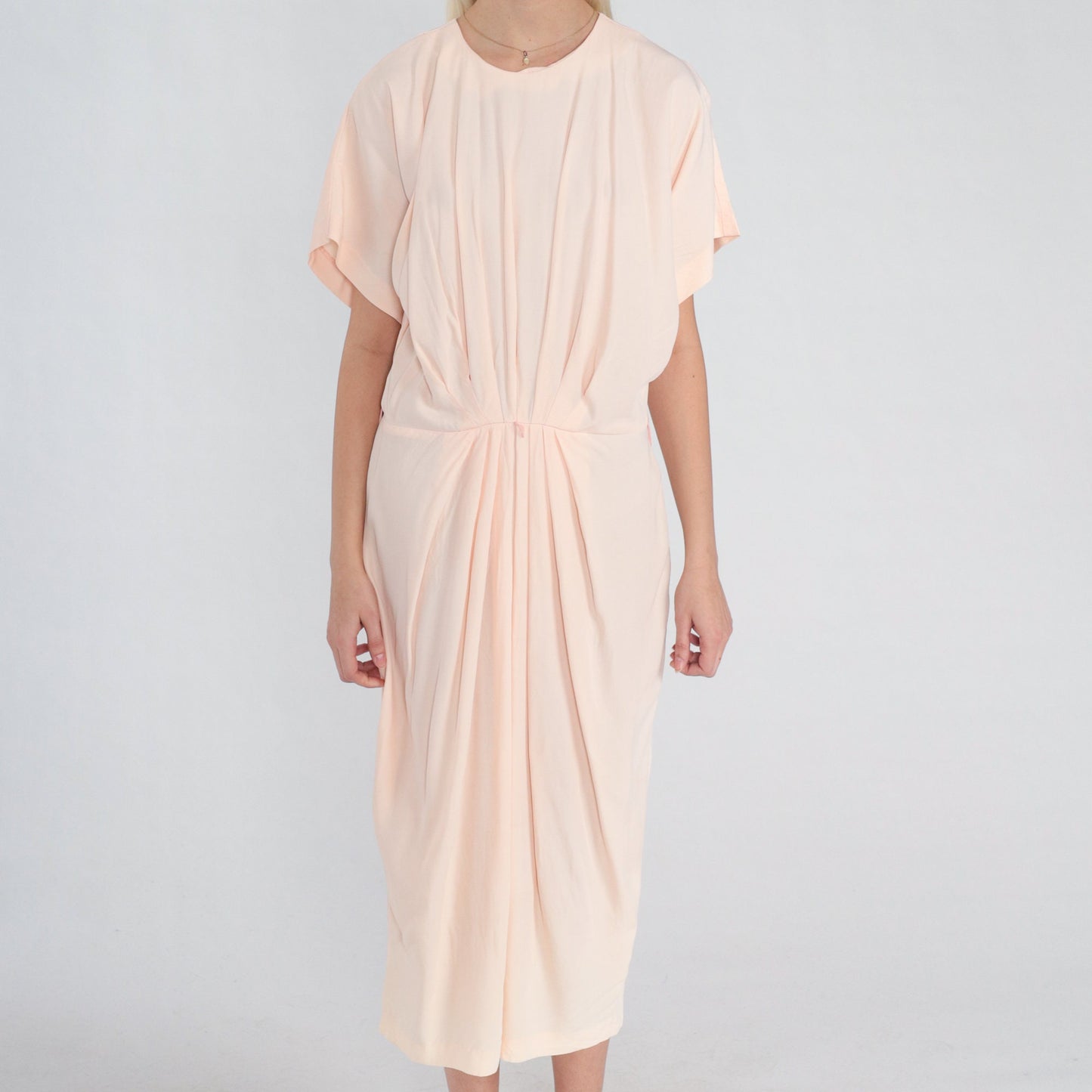 80s Pale Pink Pleated Midi Dress Short Sleeve Cocoon Acetate Medium Large