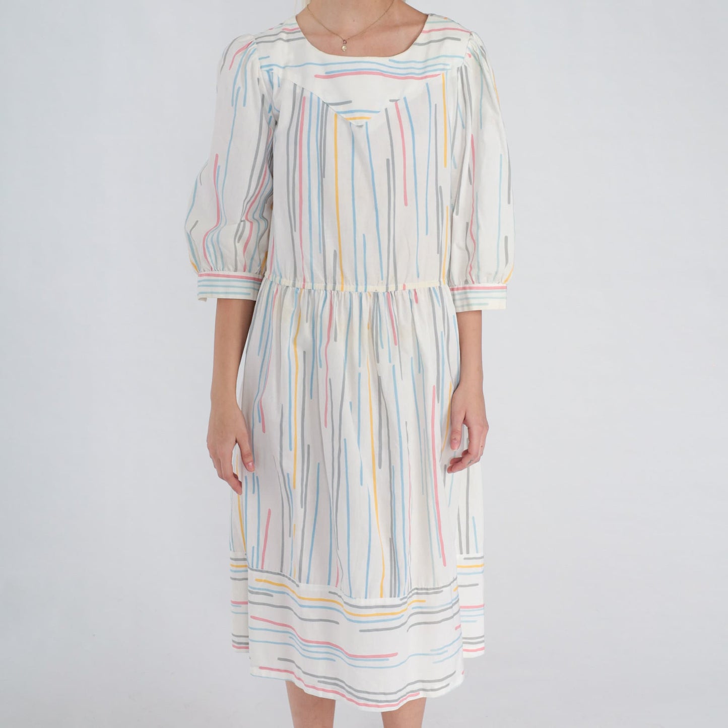 80s Striped Midi Dress Puff Sleeve White Multicolor High Waist Large L