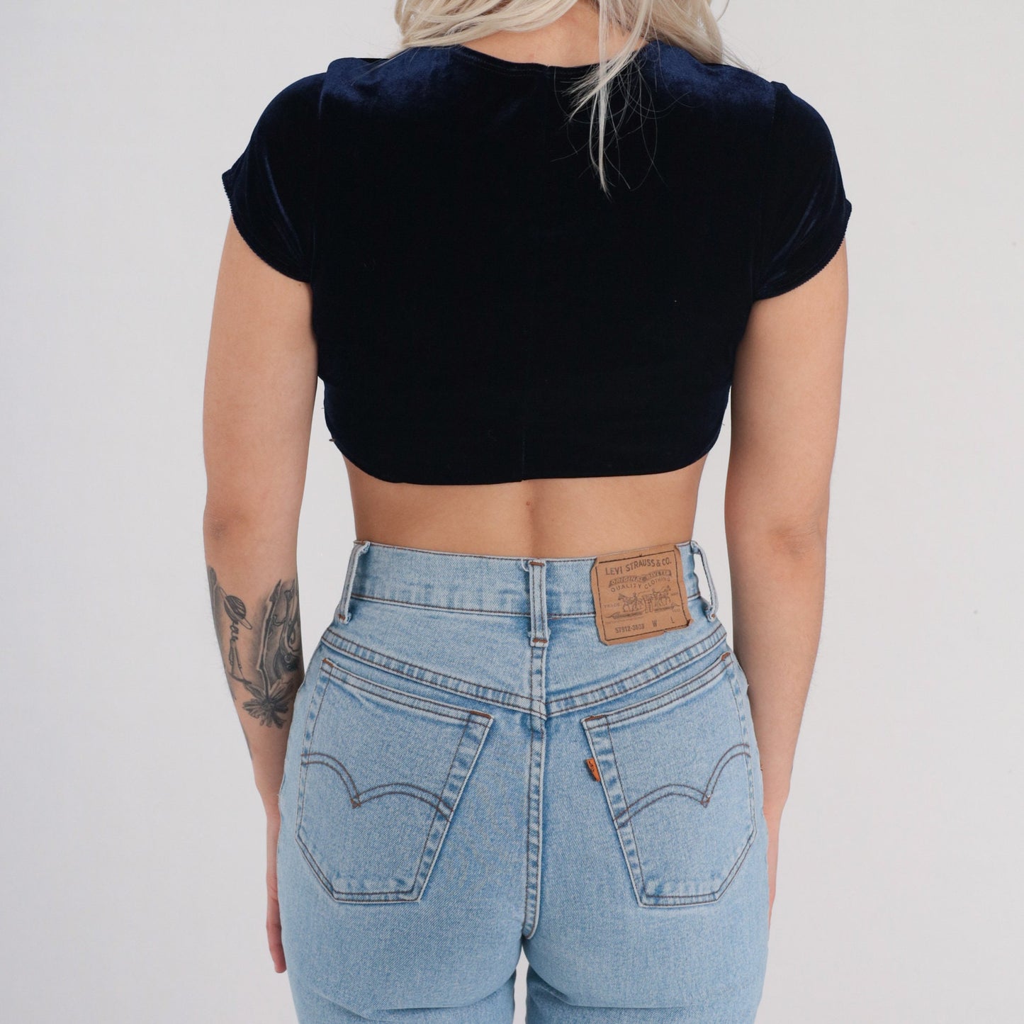 Y2K Navy Velvet Crop Top Short Sleeve Blouse Small XS