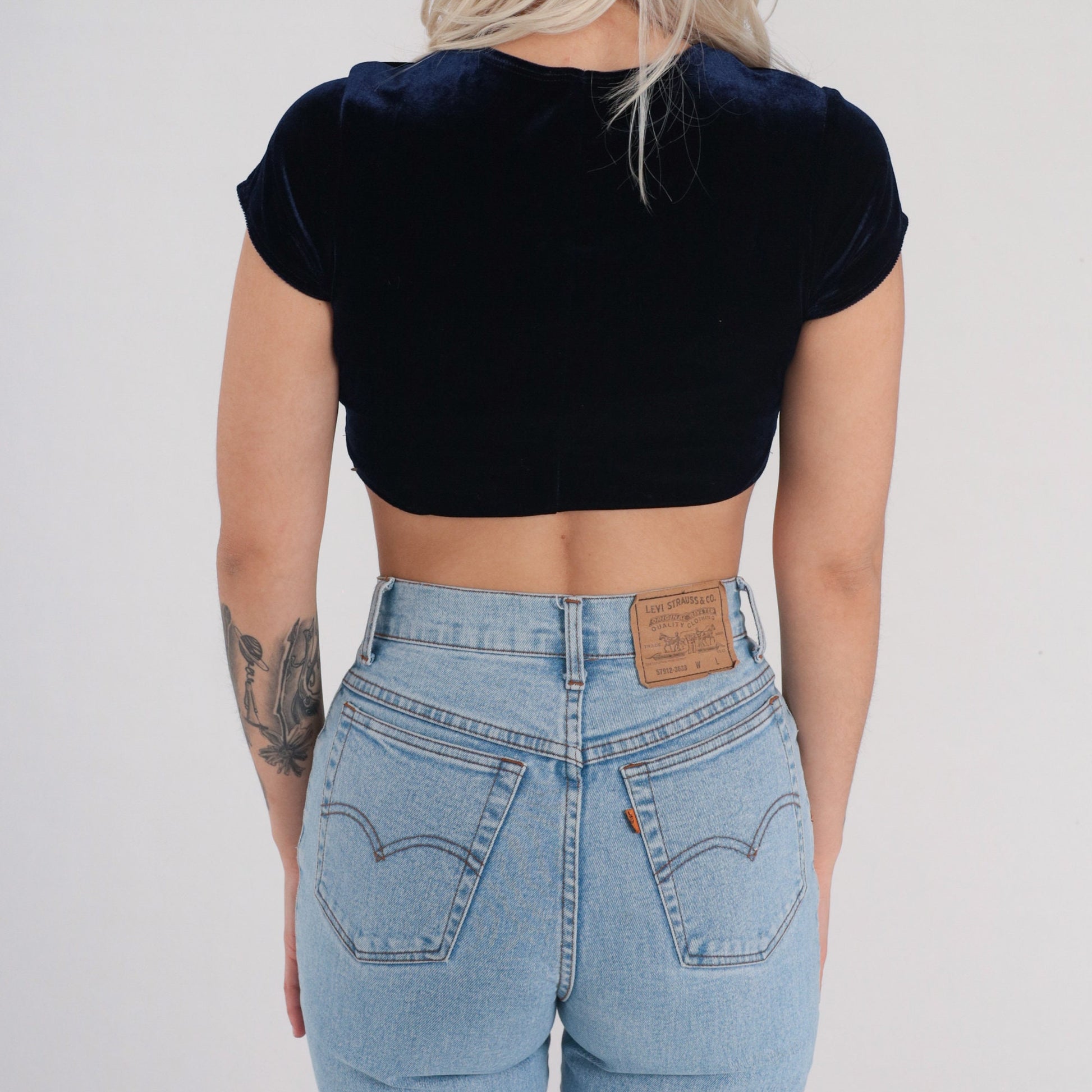 Y2K Navy Velvet Crop Top Short Sleeve Blouse Small XS