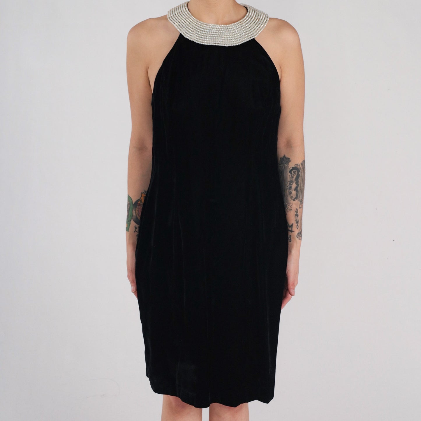 90s Black Velvet Mini Dress Pearl Beaded Sleeveless Sheath Small S
