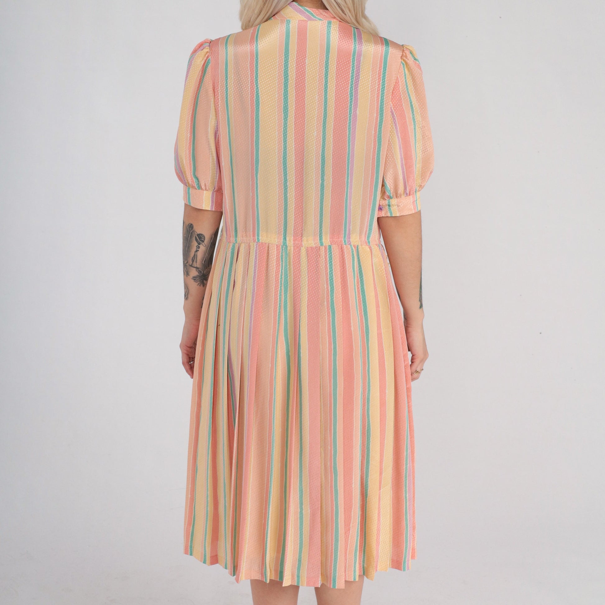 90s Striped Midi Dress Puff Sleeve Button-Up Necktie Bow High Waist Medium M