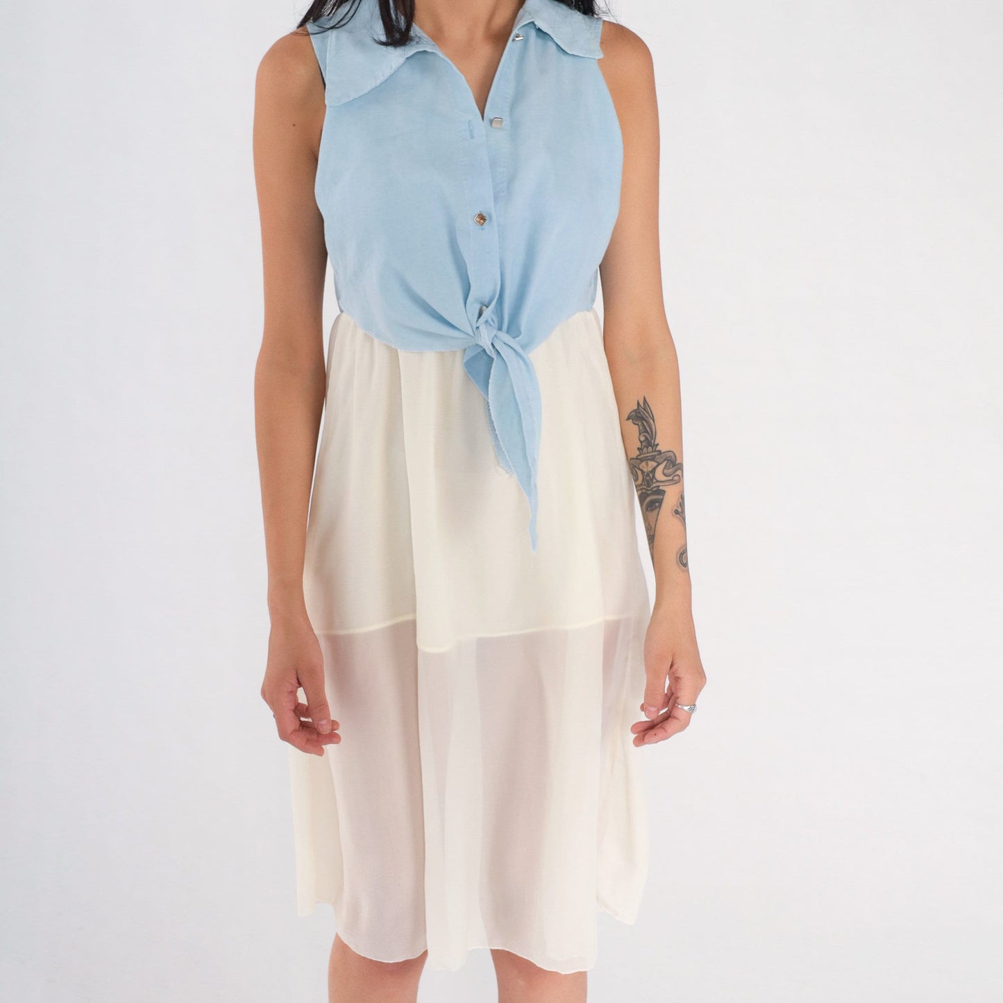 00s Tie Front Mini Dress Blue Bodice White Chiffon Sleeveless Small S