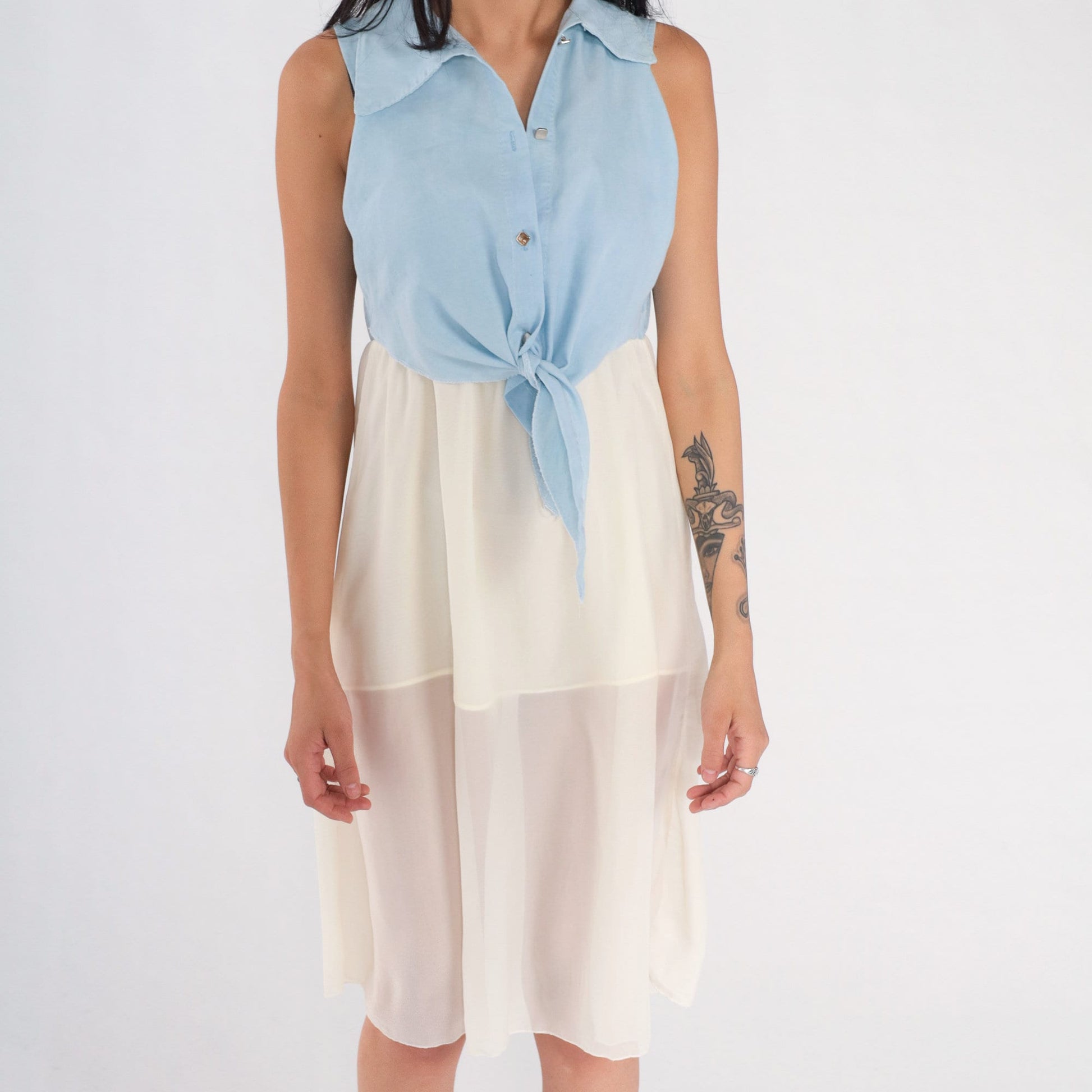 00s Tie Front Mini Dress Blue Bodice White Chiffon Sleeveless Small S