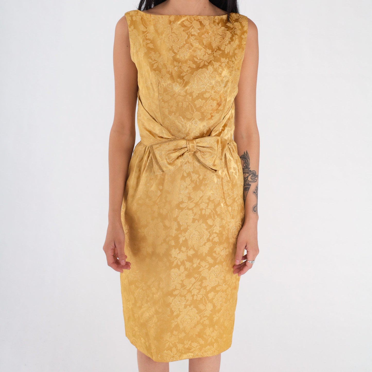 60s Gold Floral Brocade Mini Dress Sleeveless Low Back Bow High Waist Extra Small
