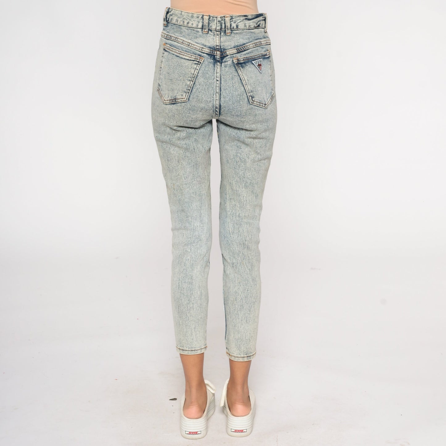 80s Acid Wash Beaded High-Waist Skinny Jeans Blue Denim Small
