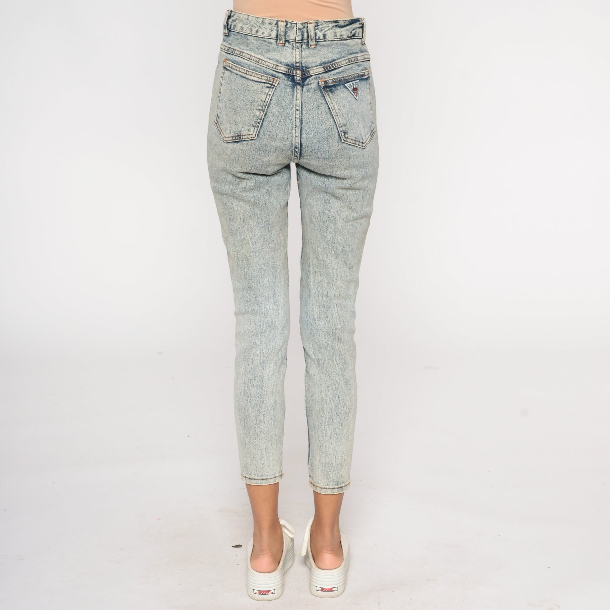 80s Acid Wash Beaded High-Waist Skinny Jeans Blue Denim Small