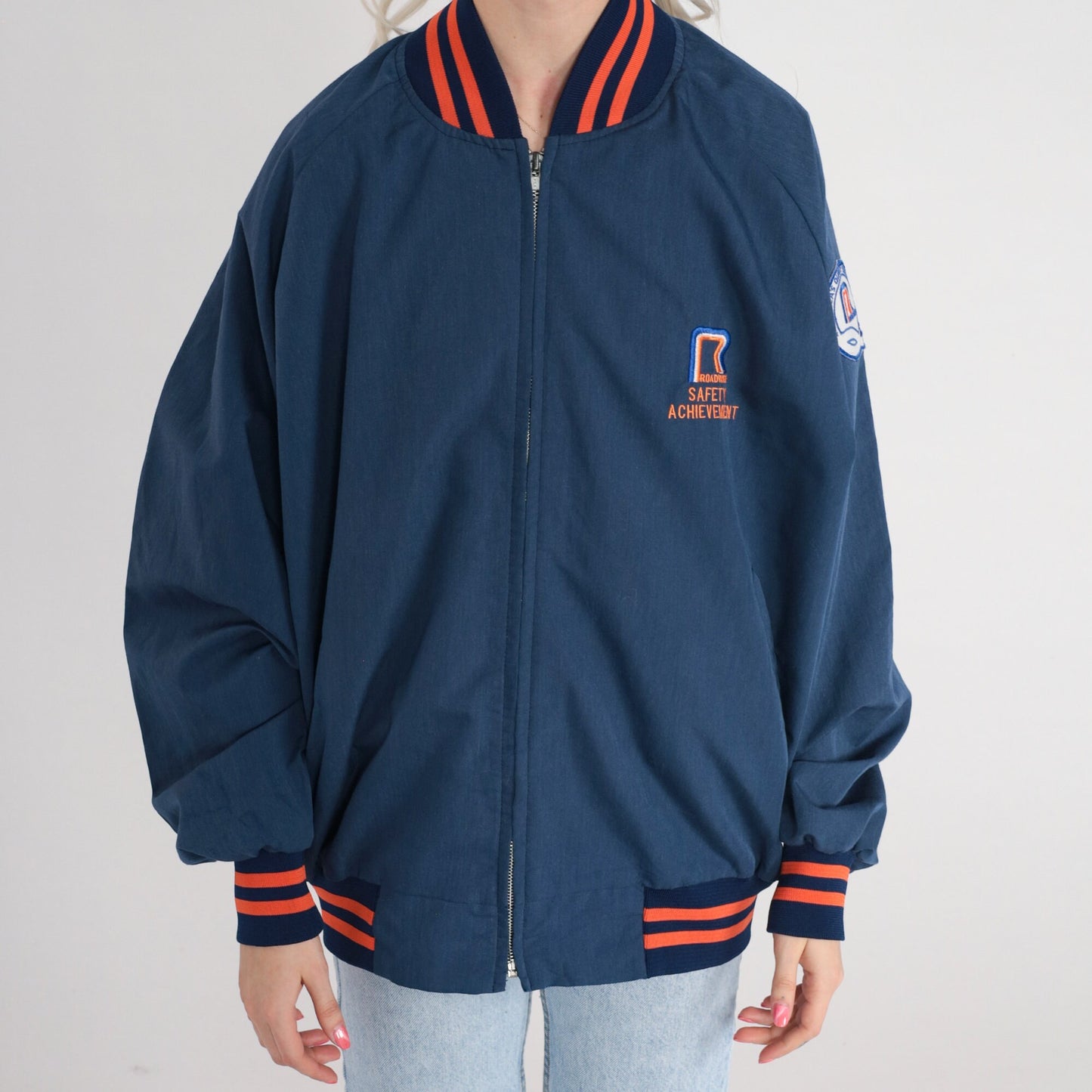 80s Roadway Safety Achievement Bomber Jacket Navy Blue Mens XL