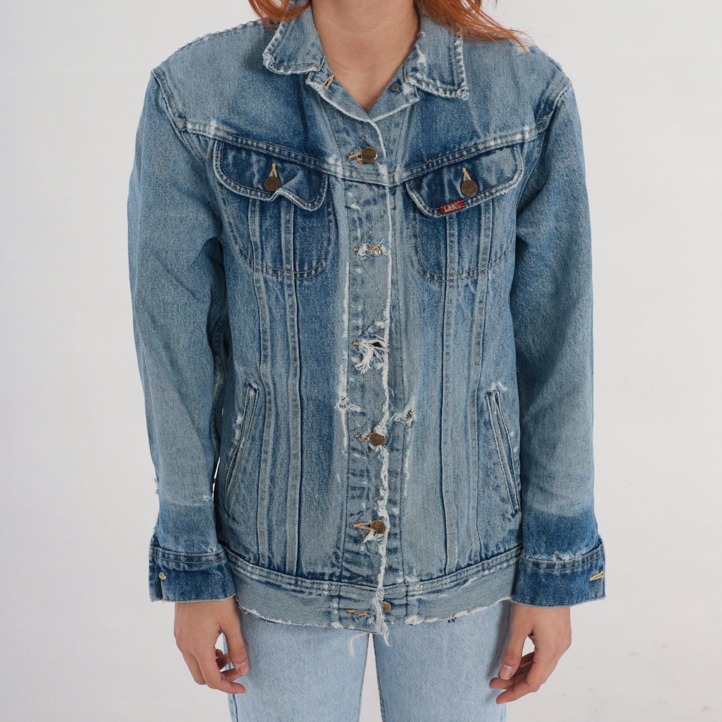80s Lee Denim Jacket Distressed Ripped Blue Wash Trucker Small S