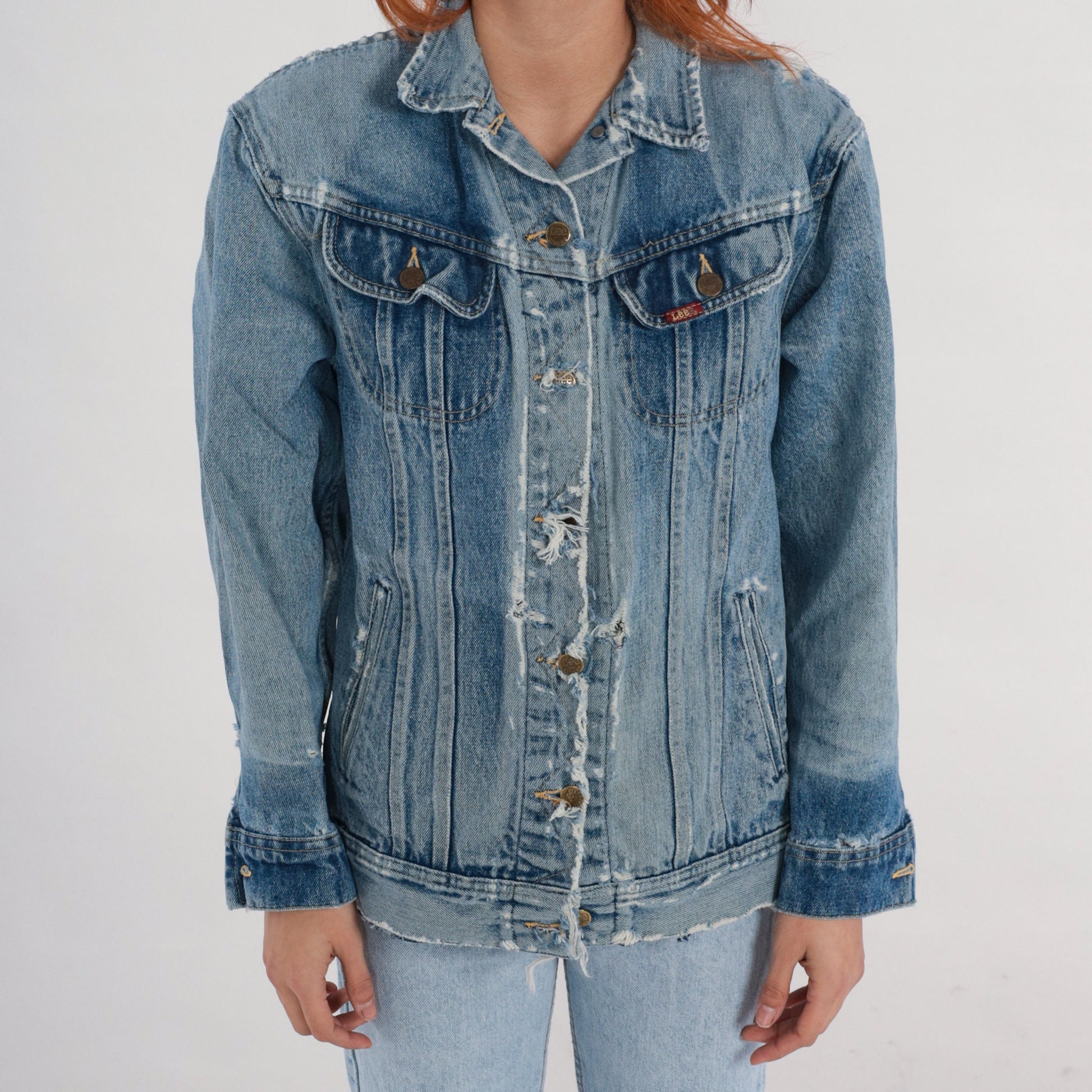 80s Lee Denim Jacket Distressed Ripped Blue Wash Trucker Small S