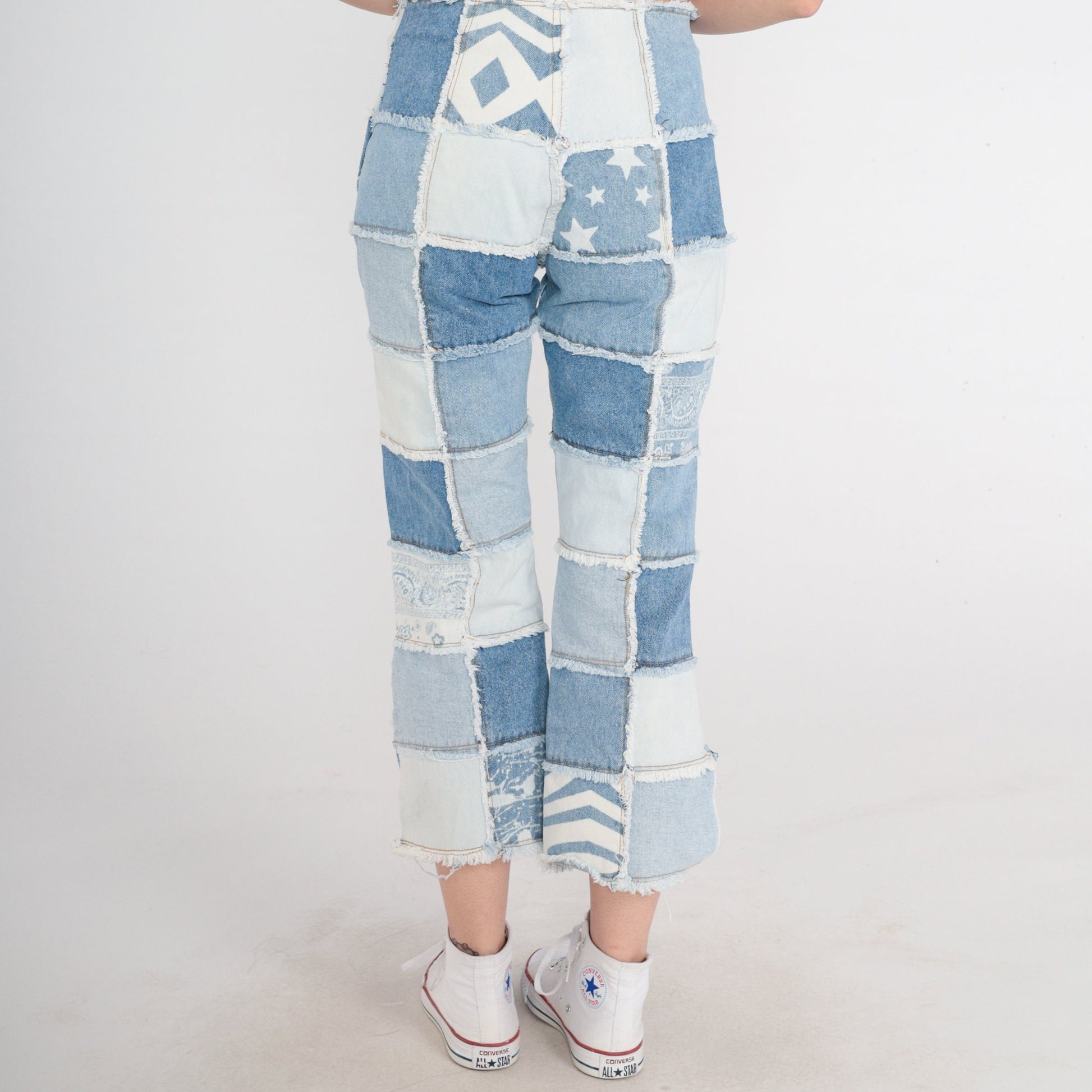 Y2K Patchwork Cropped Jeans Blue Floral Star Print Side Slits 2XS